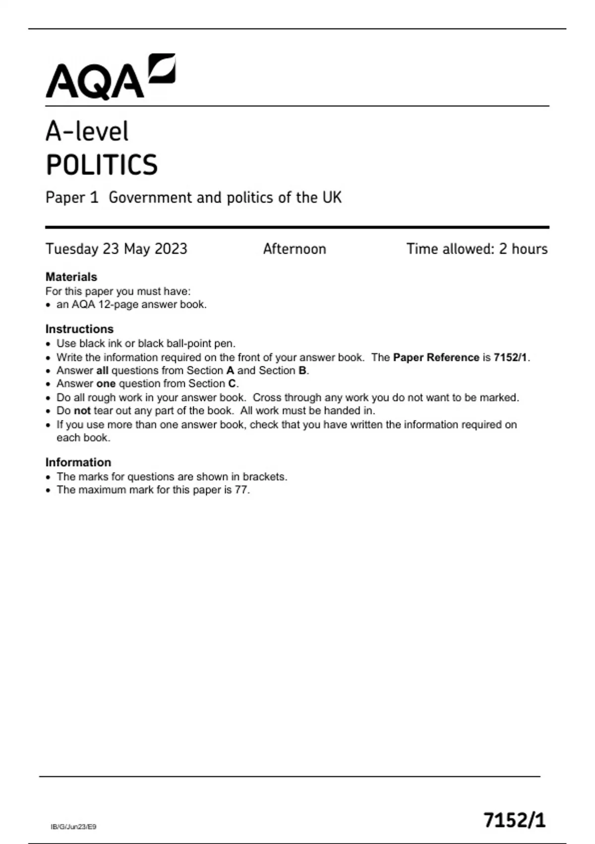 AQA A LEVEL POLITICS PAPER 1 QUESTION PAPER 2025 (7152/1 Government