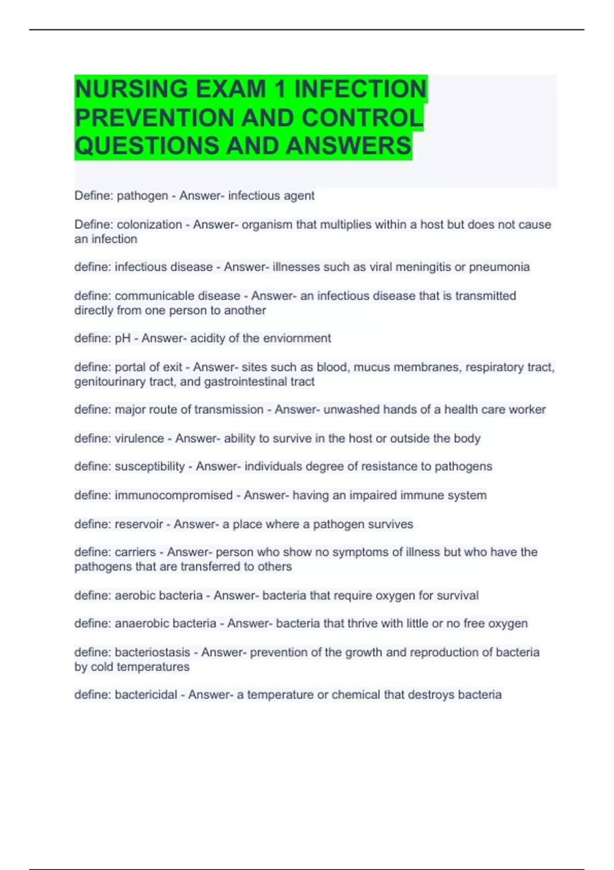 NURSING EXAM 1 INFECTION PREVENTION AND CONTROL QUESTIONS AND ANSWERS ...