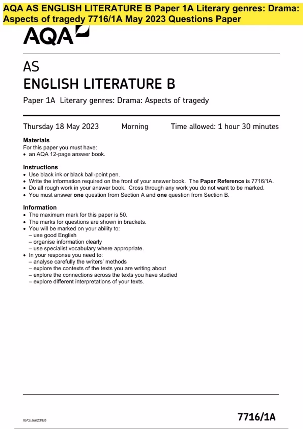 AQA AS ENGLISH LITERATURE B Paper 1A Literary genres: Drama: Aspects of ...