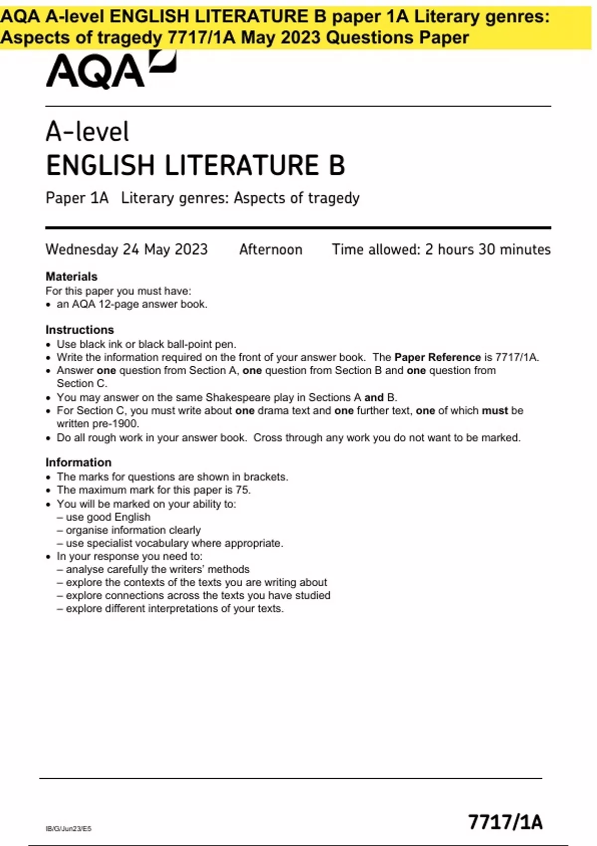 AQA A-level ENGLISH LITERATURE B paper 1A Literary genres: Aspects of ...