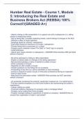 Humber Real Estate - Course 1, Module 5: Introducing the Real Estate and Business Brokers Act (REBBA) 100% Correct!!(GRADED A+)