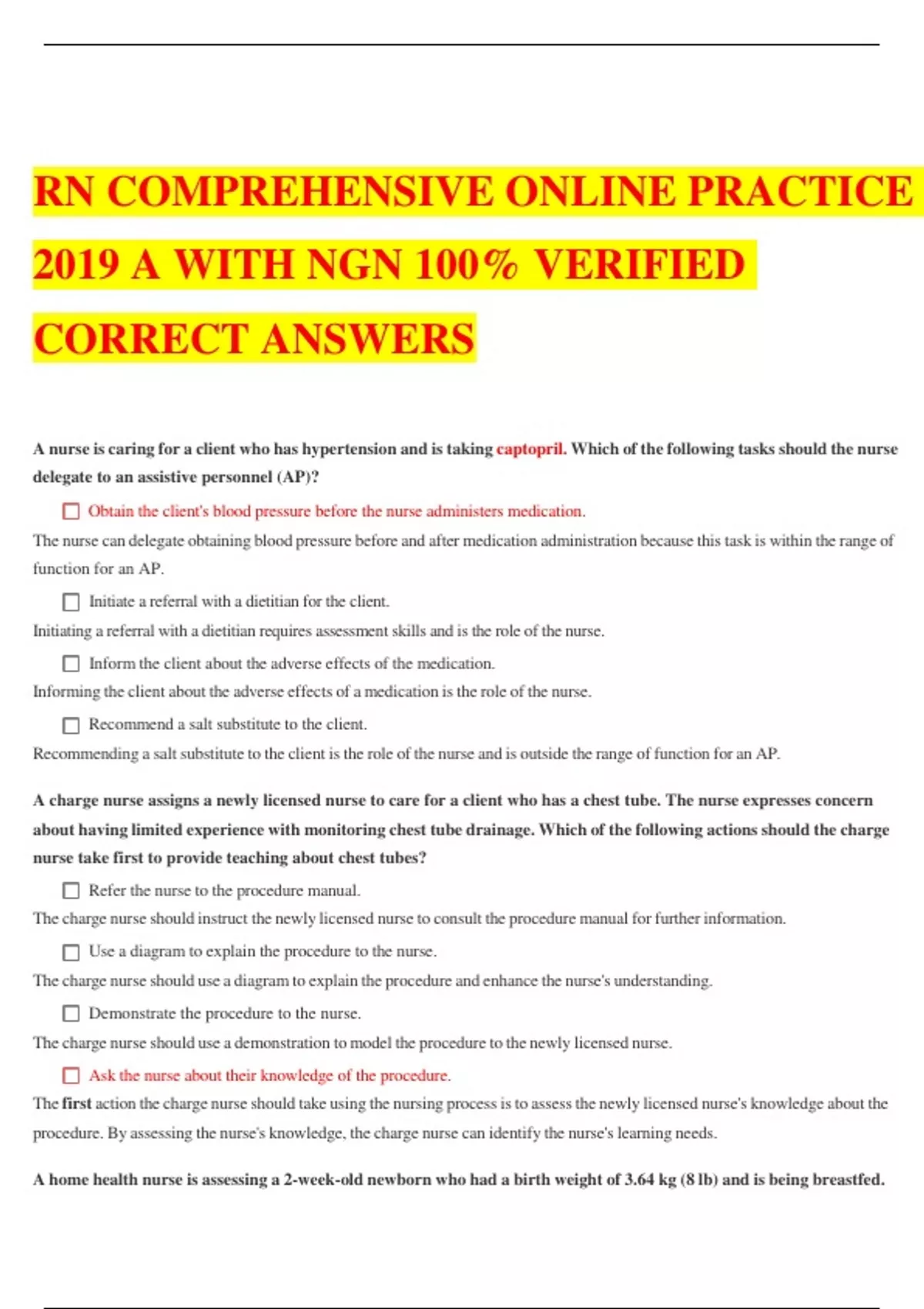 RN COMPREHENSIVE ONLINE PRACTICE 2019 A WITH NGN 100% VERIFIED CORRECT ...