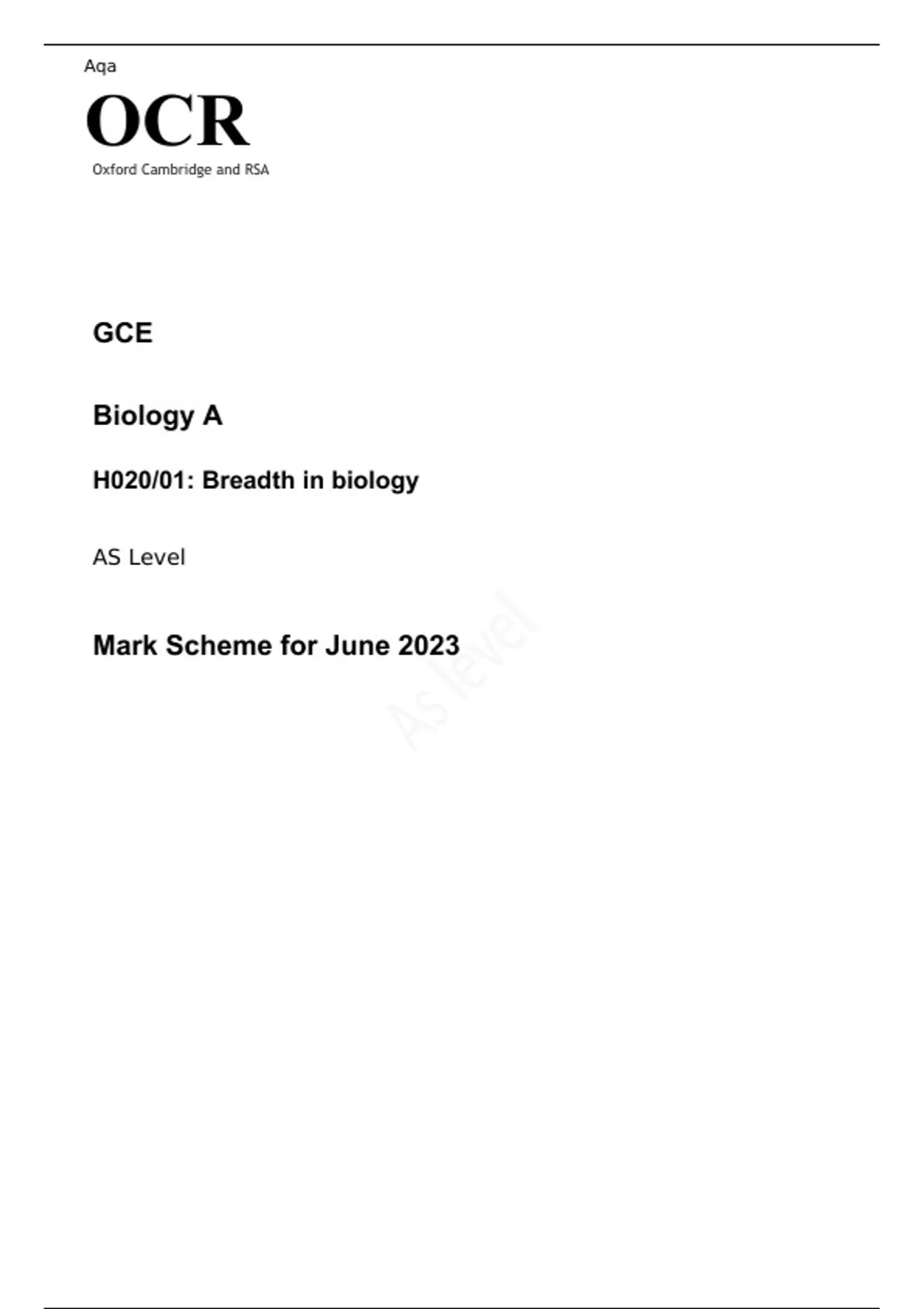 OCR AS Level Biology A H020/01 JUNE 2023 QUESTION PAPER AND MARK SCHEME ...