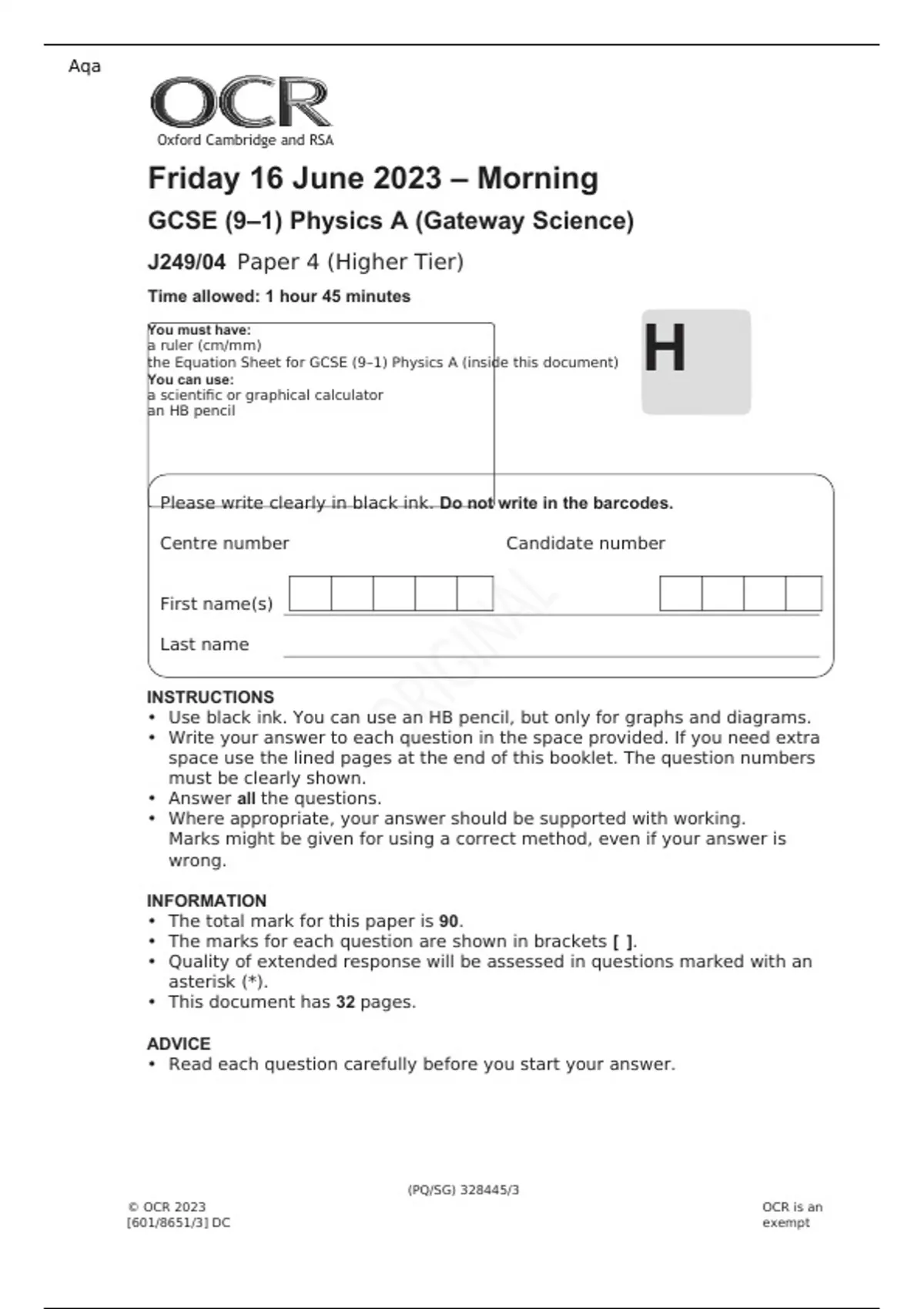 OCR GCSE (9–1) Physics A (Gateway Science) J249/04 Paper 4 Higher