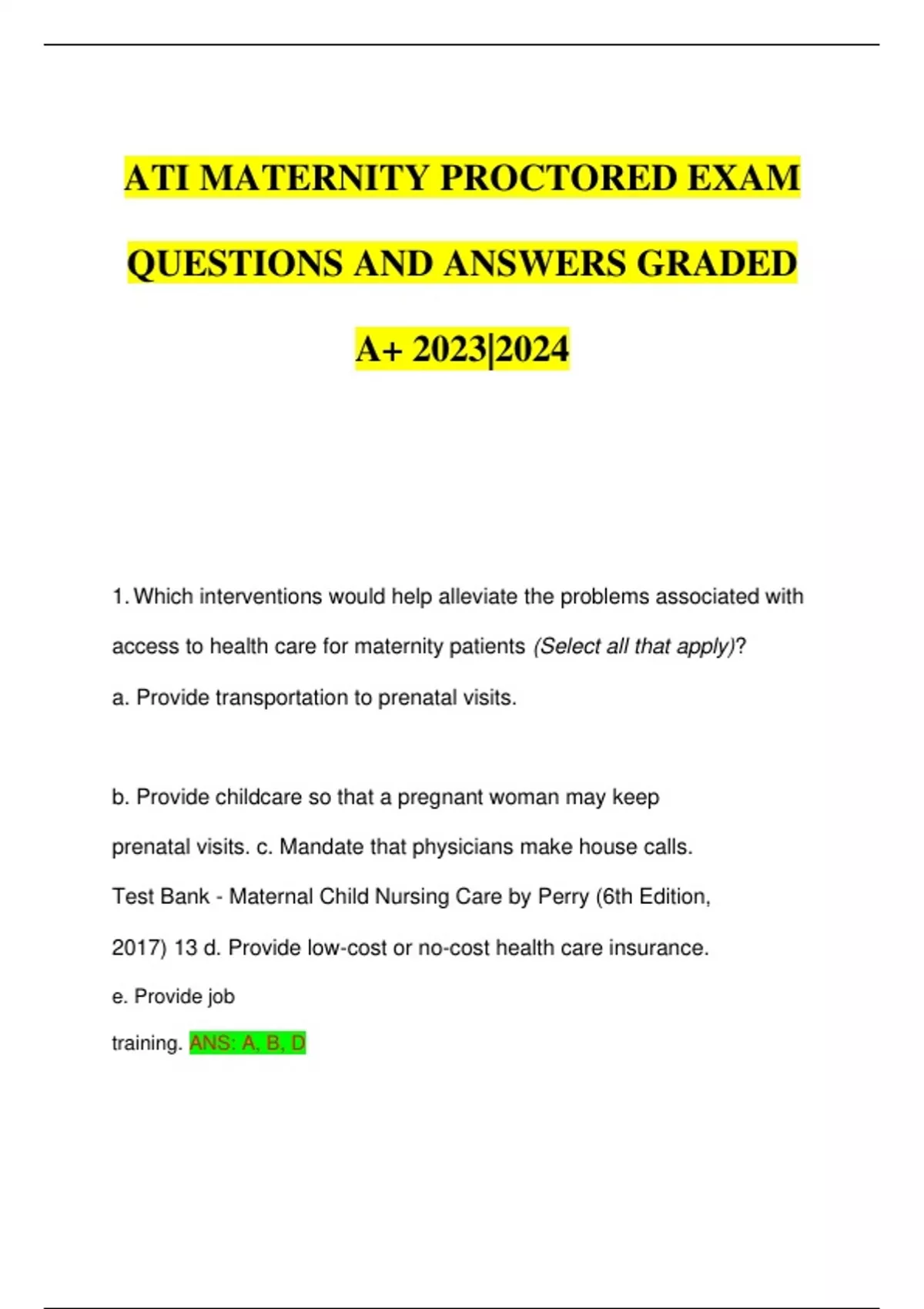 ATI MATERNITY PROCTORED EXAM QUESTIONS AND ANSWERS GRADED A+ 20232024