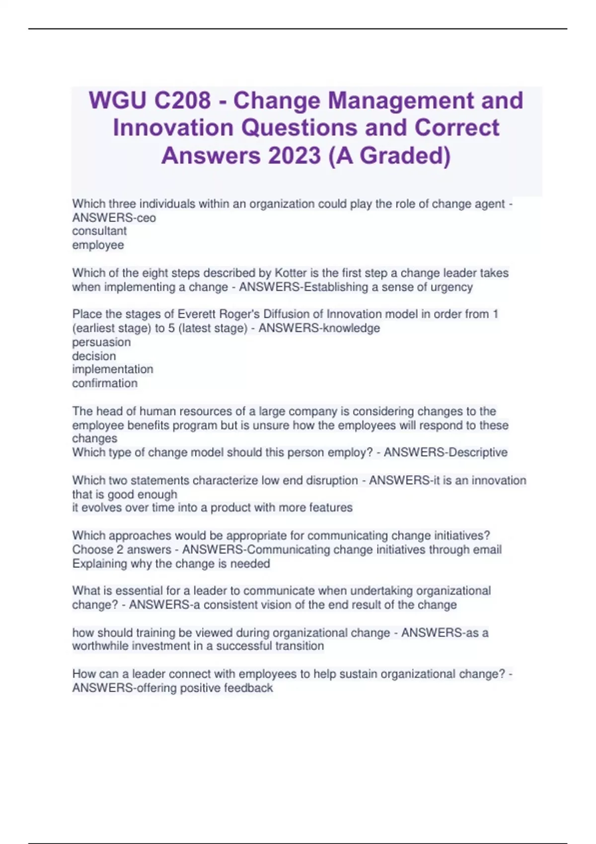 WGU C208 - Change Management And Innovation Questions And Correct ...