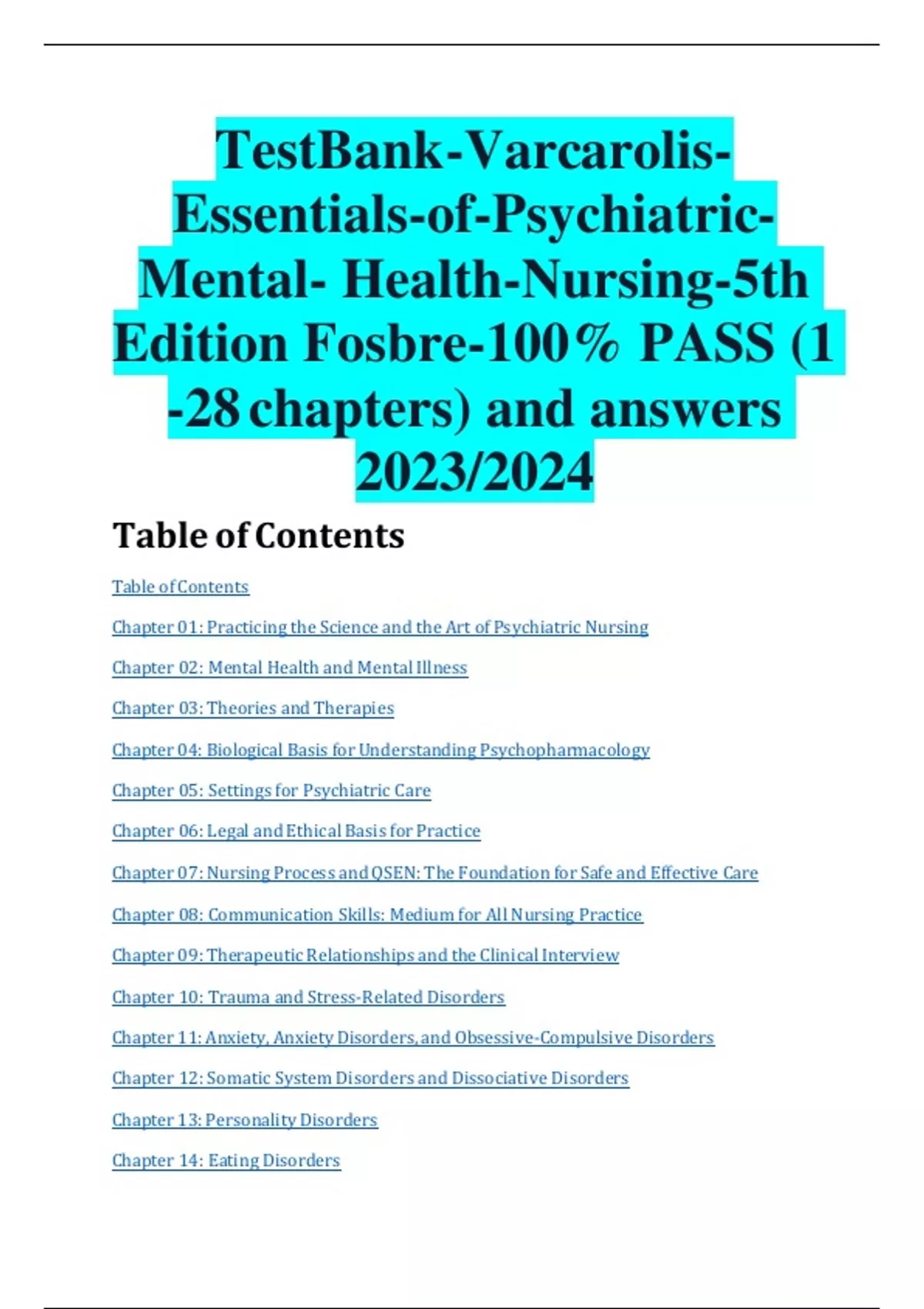 Test Bank-Varcarolis Essentials-of-Psychiatric Mental- Health-Nursing ...