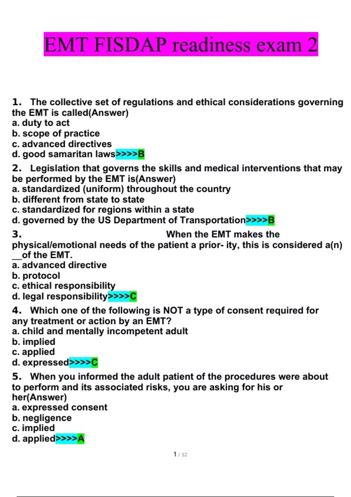 EMT FISDAP Readiness Exam 2 Questions With Complete Solutions - EMT-B ...