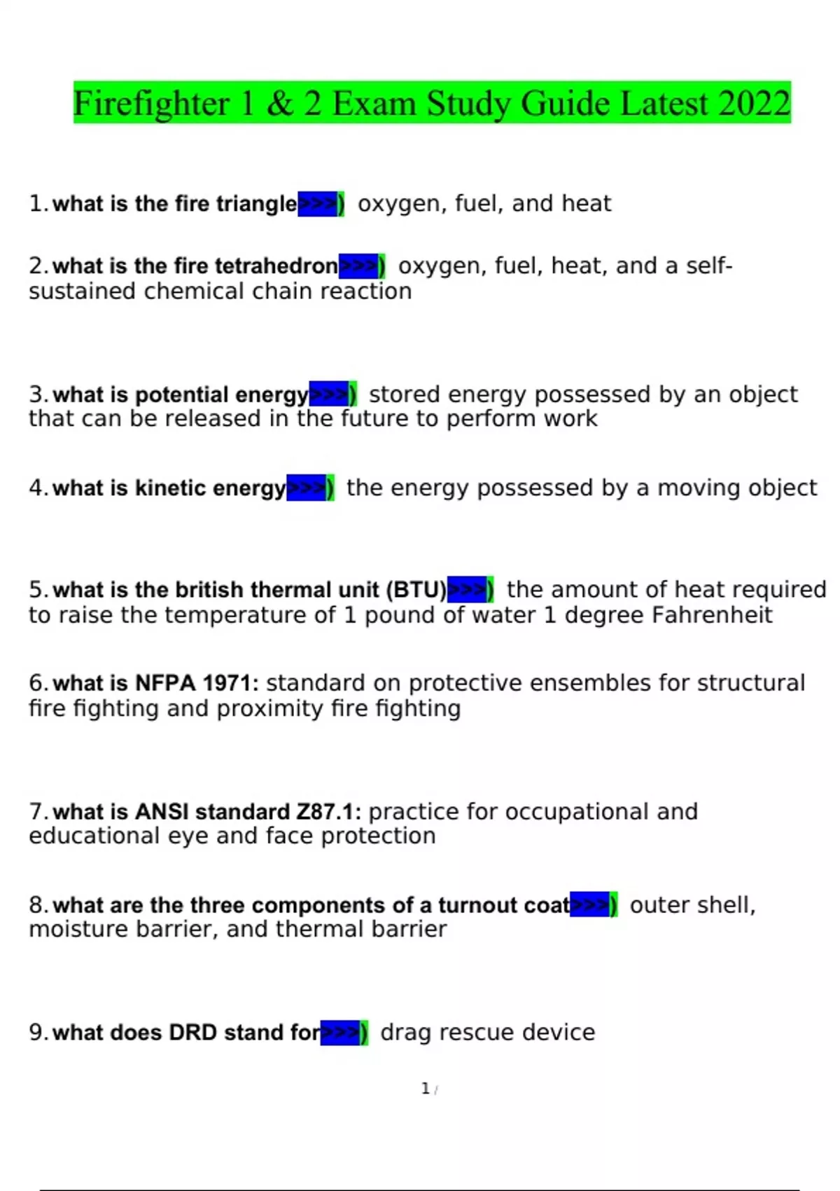 Firefighter 1 & 2 Exam Study Guide Questions With Complete Solutions ...