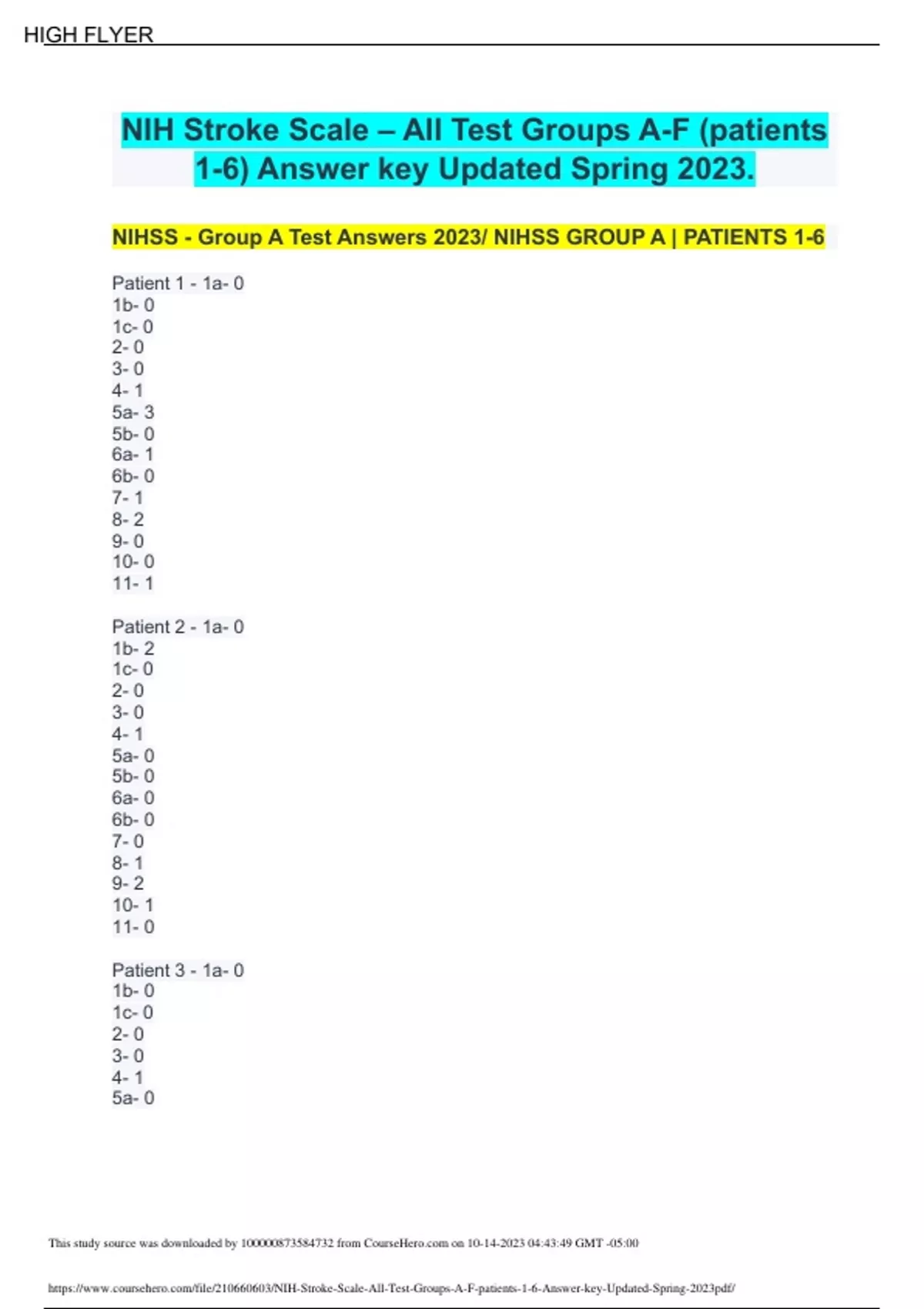 NIH Stroke Scale – All Test Groups A-F (patients 1-6) Answer Key ...