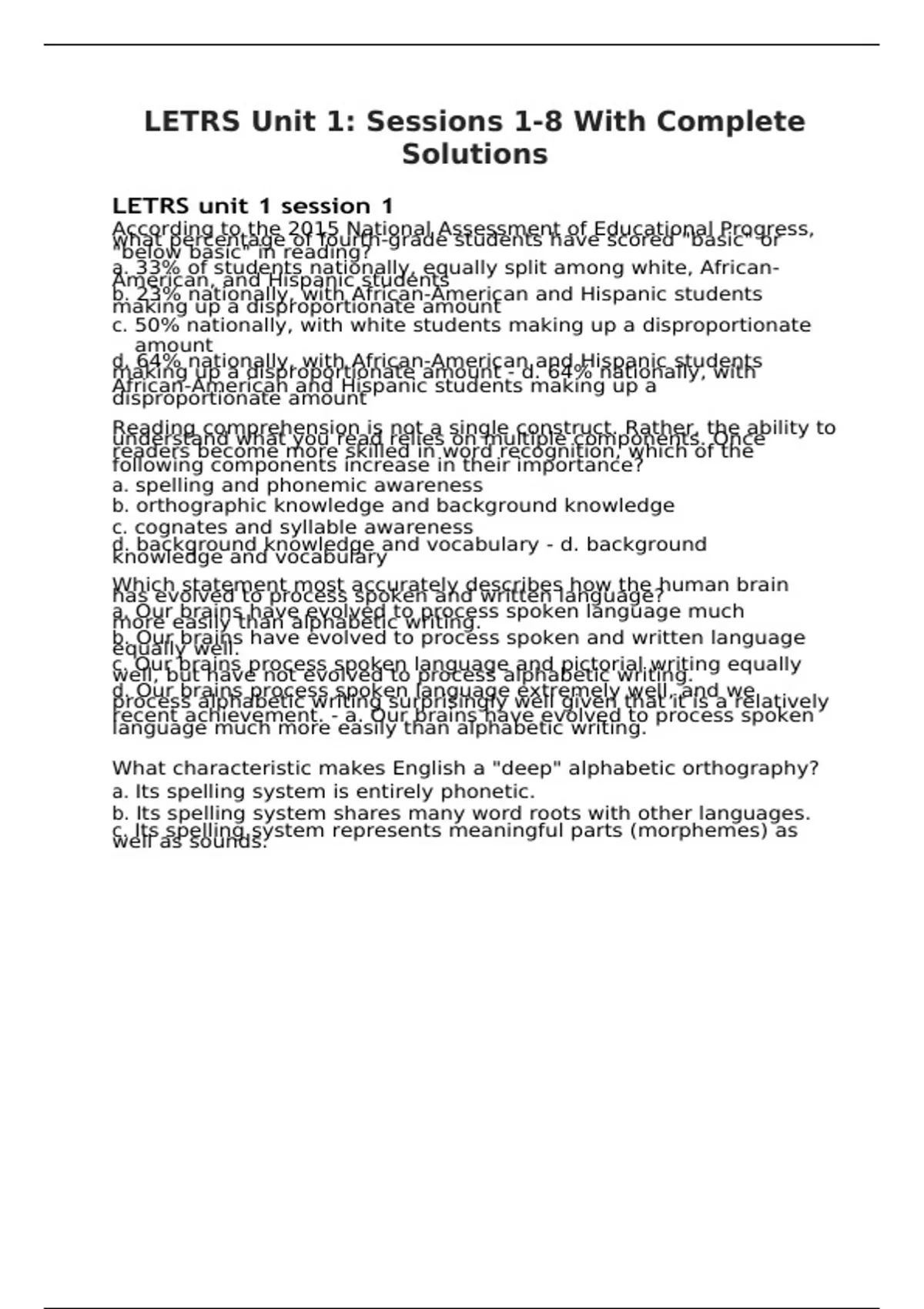 LETRS Unit 1 Sessions 18 With Complete Solutions LETRS Unit 1utions