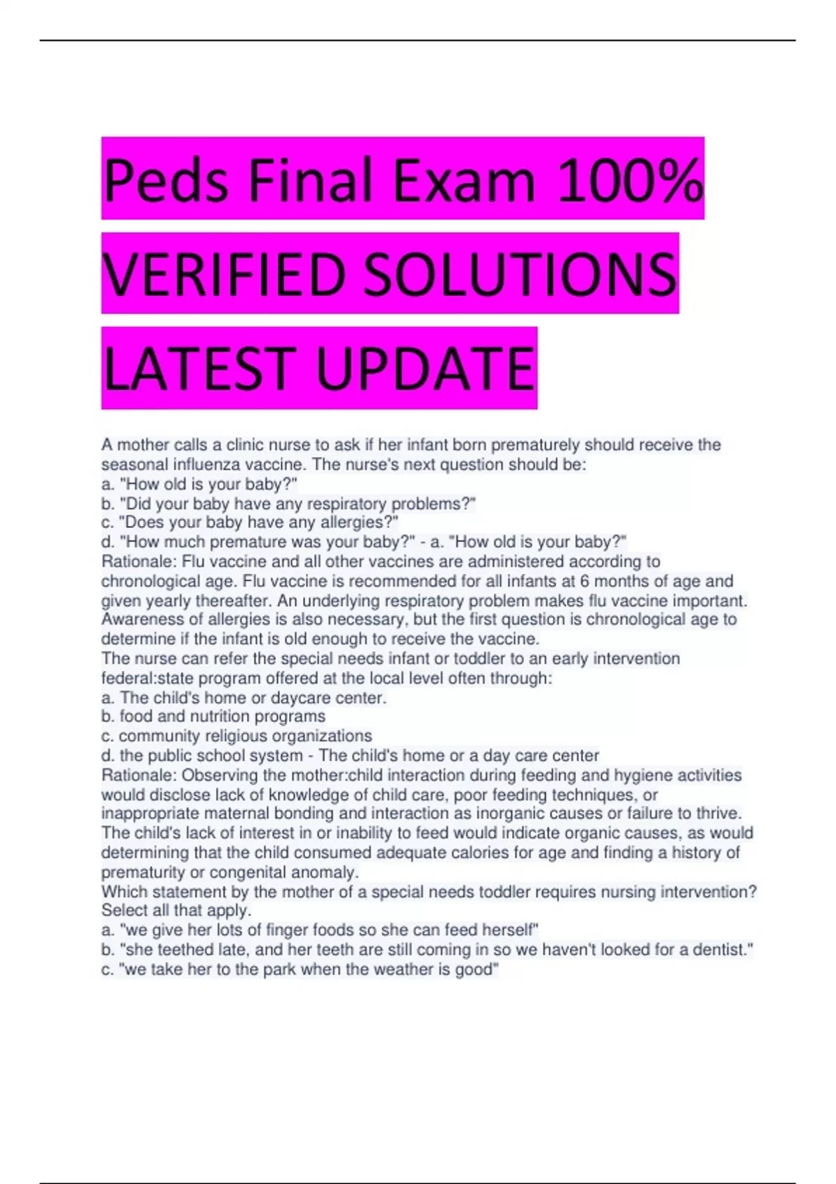 Peds Final Exam 100% VERIFIED SOLUTIONS LATEST UPDATE - Peds - Stuvia US