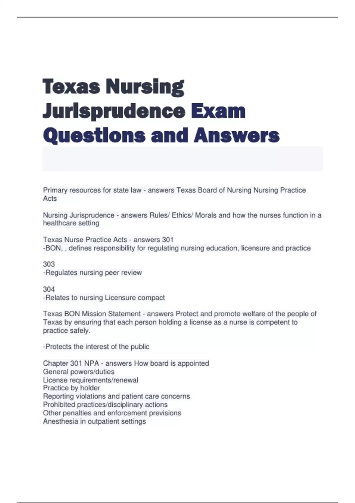 Texas Nursing Jurisprudence Exam Questions And Answers - NURSING ...