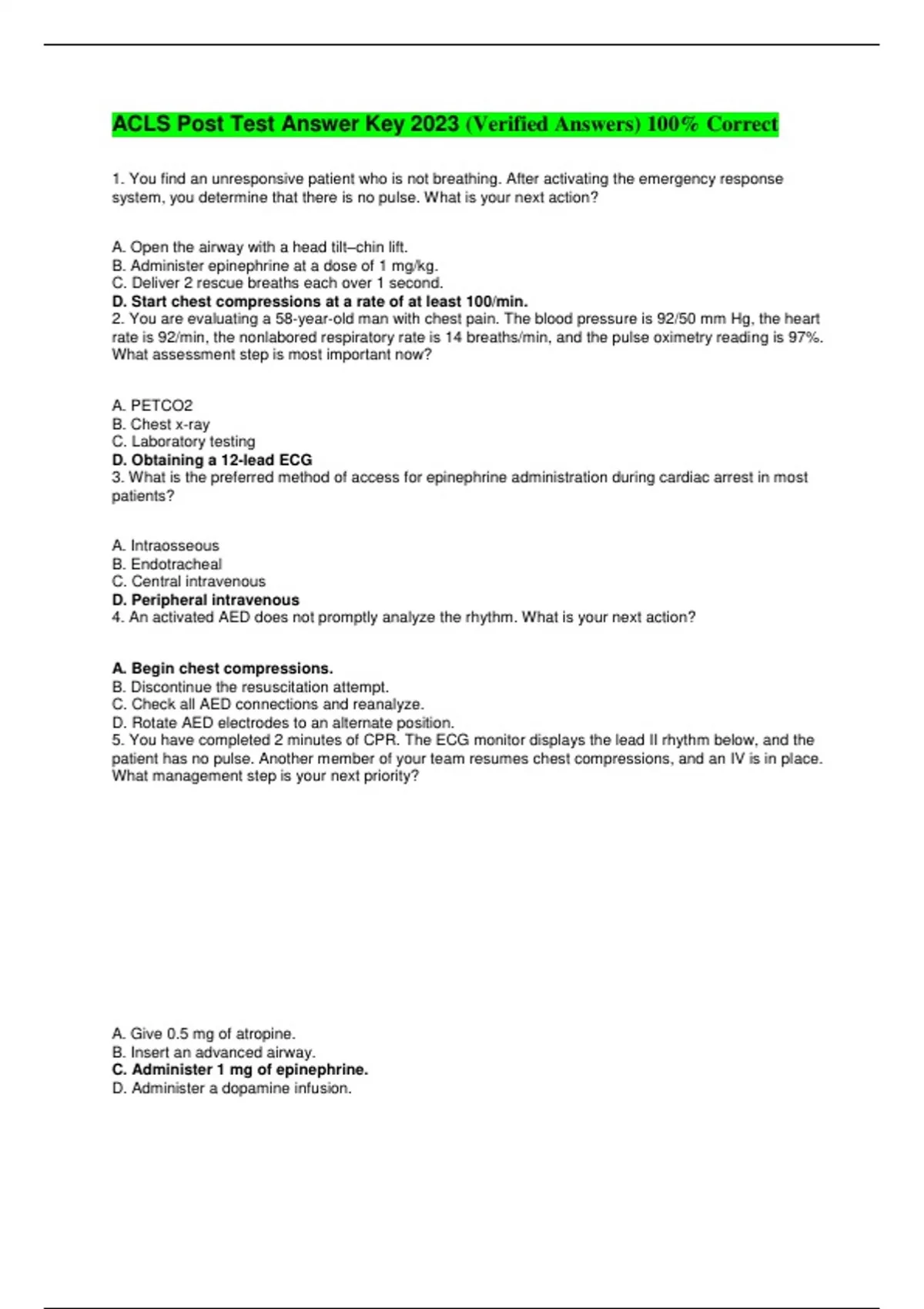 ACLS Post Test Answer Key 2023 (Verified Answers) 100 Correct Acls