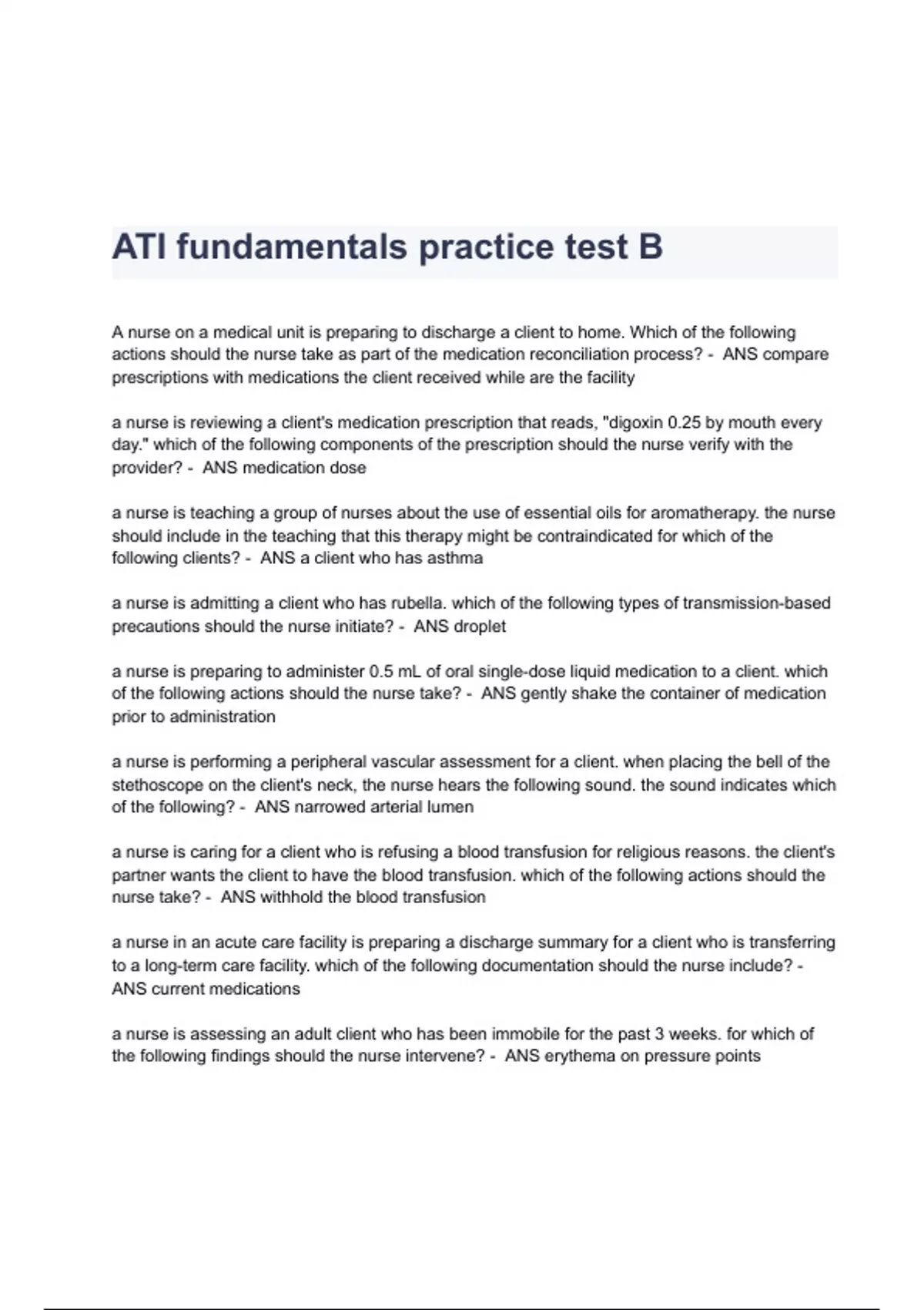 ATI Fundamentals Practice Test B Questions & Answers 2023 ( A+ GRADED ...