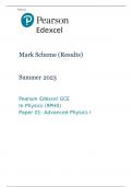 Pearson Edexcel GCE In Physics (9PH0) Paper 01 MARK SCHEME (Results)Summer 2023: Advanced Physics I