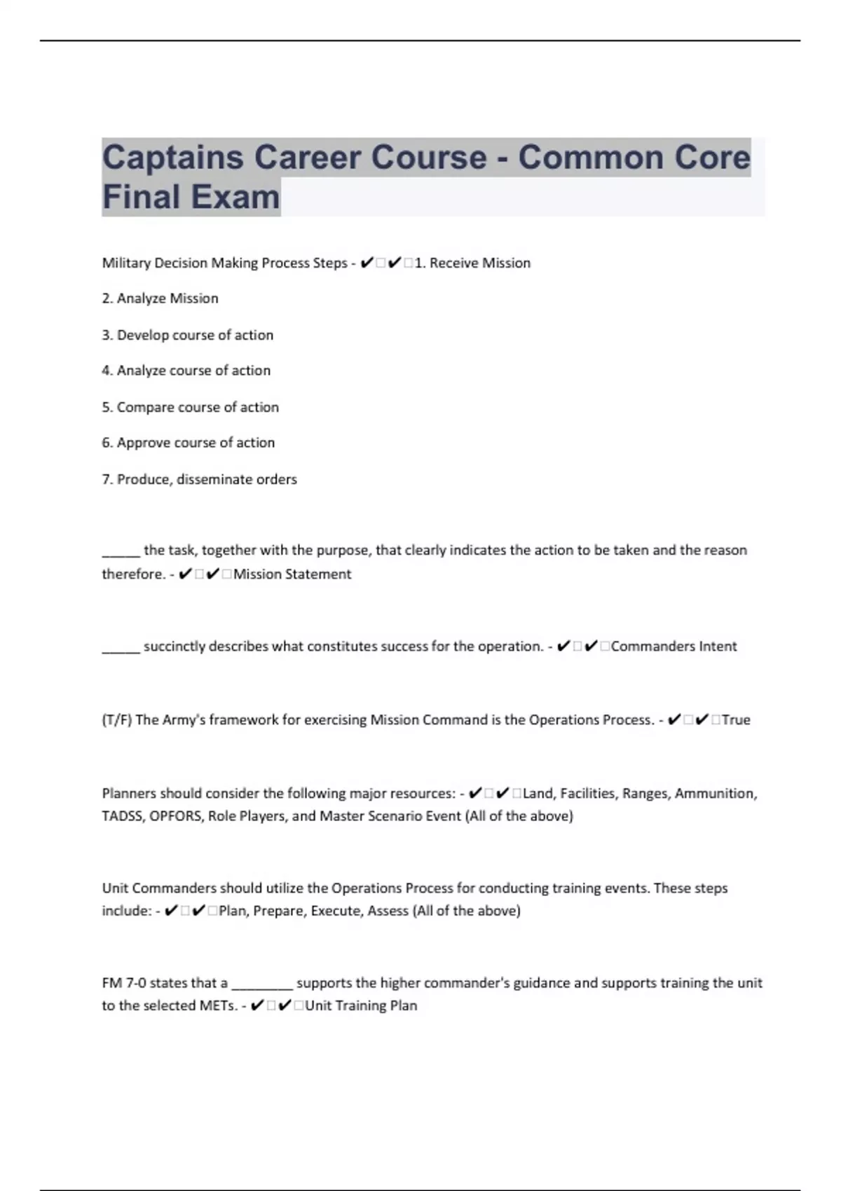 Captains Career Course - Common Core 92 Final Exam Questions With 100% ...