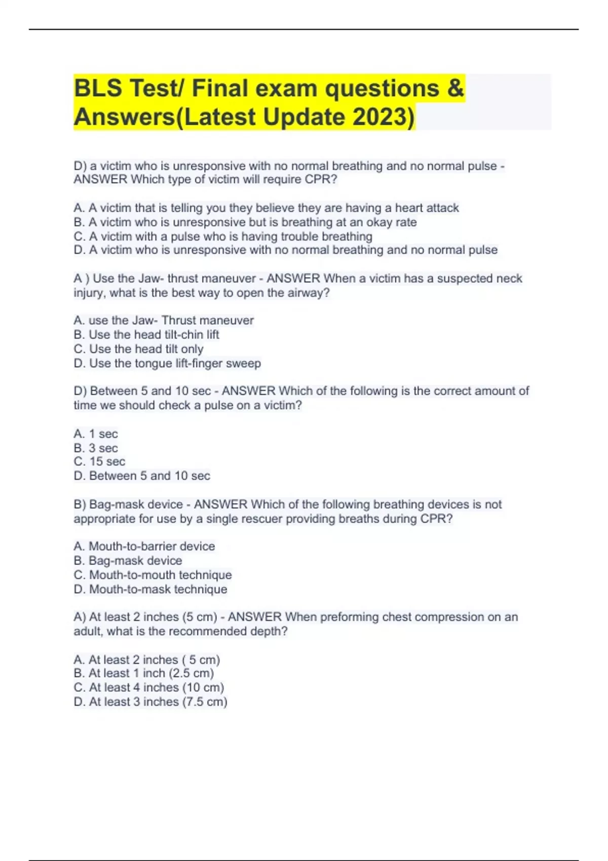 BLS Test/ Final exam questions & Answers(Latest Update 2023) BLS AHA