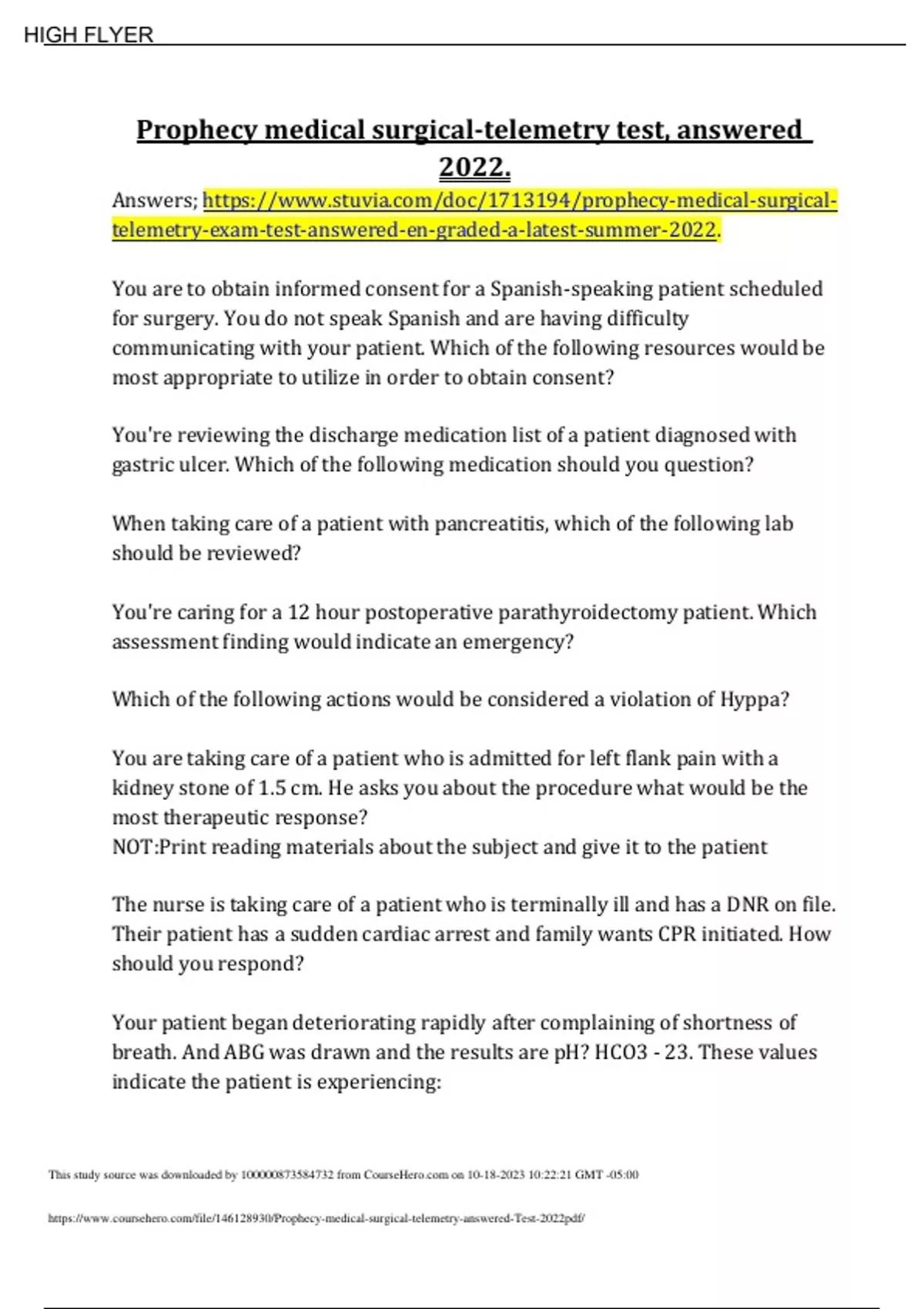 Prophecy medical surgicaltelemetry exam test; answered & graded A+