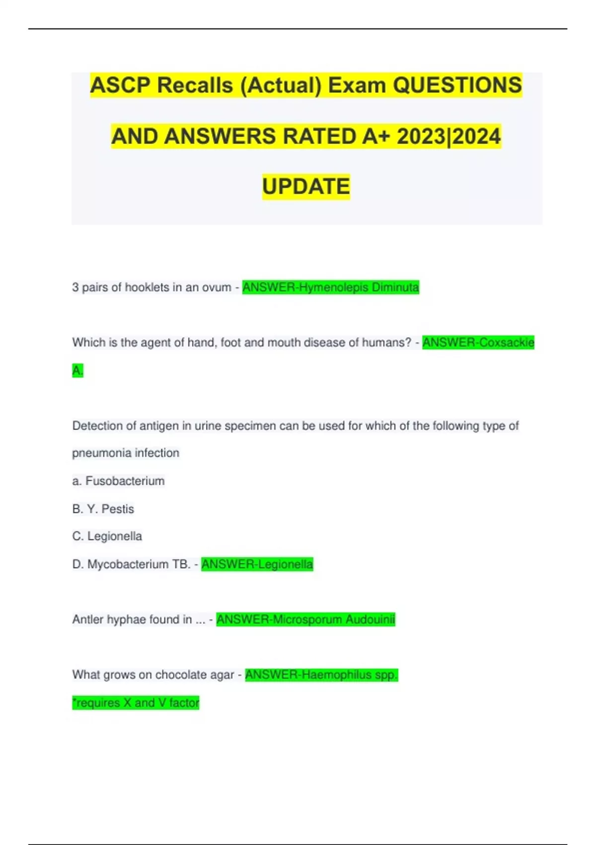 ASCP Recalls (Actual) Exam QUESTIONS AND ANSWERS RATED A+ 20232024
