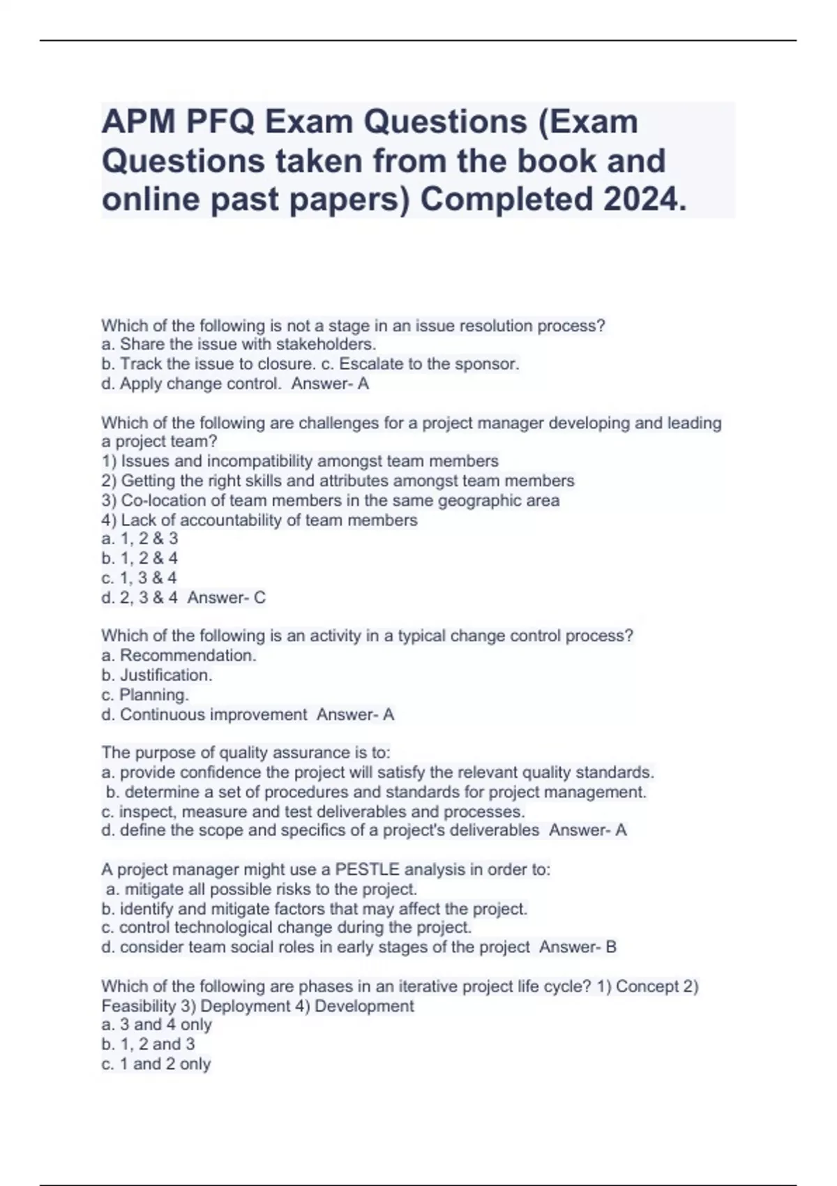 APM PFQ Exam Questions Exam Questions taken from the book and