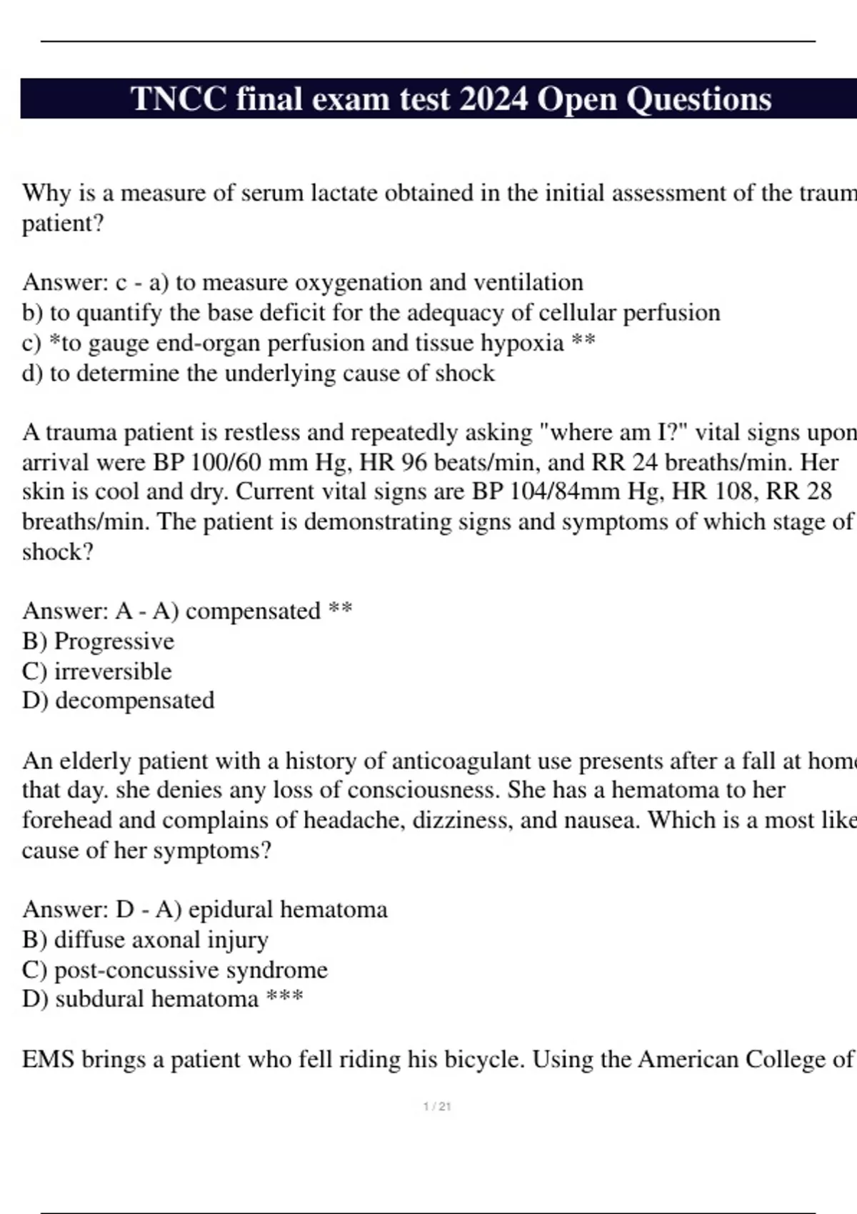 TNCC Final Exam Test 2024 Open Questions - TNCC - Stuvia US