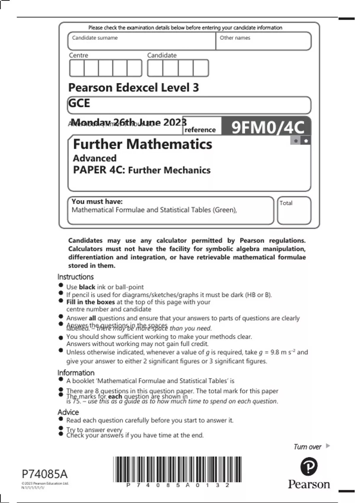 Pearson Edexcel Level 3 GCE Further Mathematics Advanced PAPER 4C ...