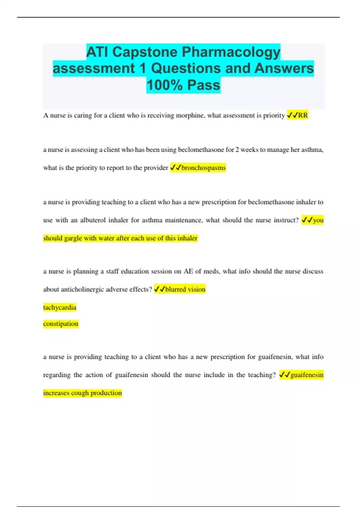 ati capstone pharmacology post assessment assignment quizlet