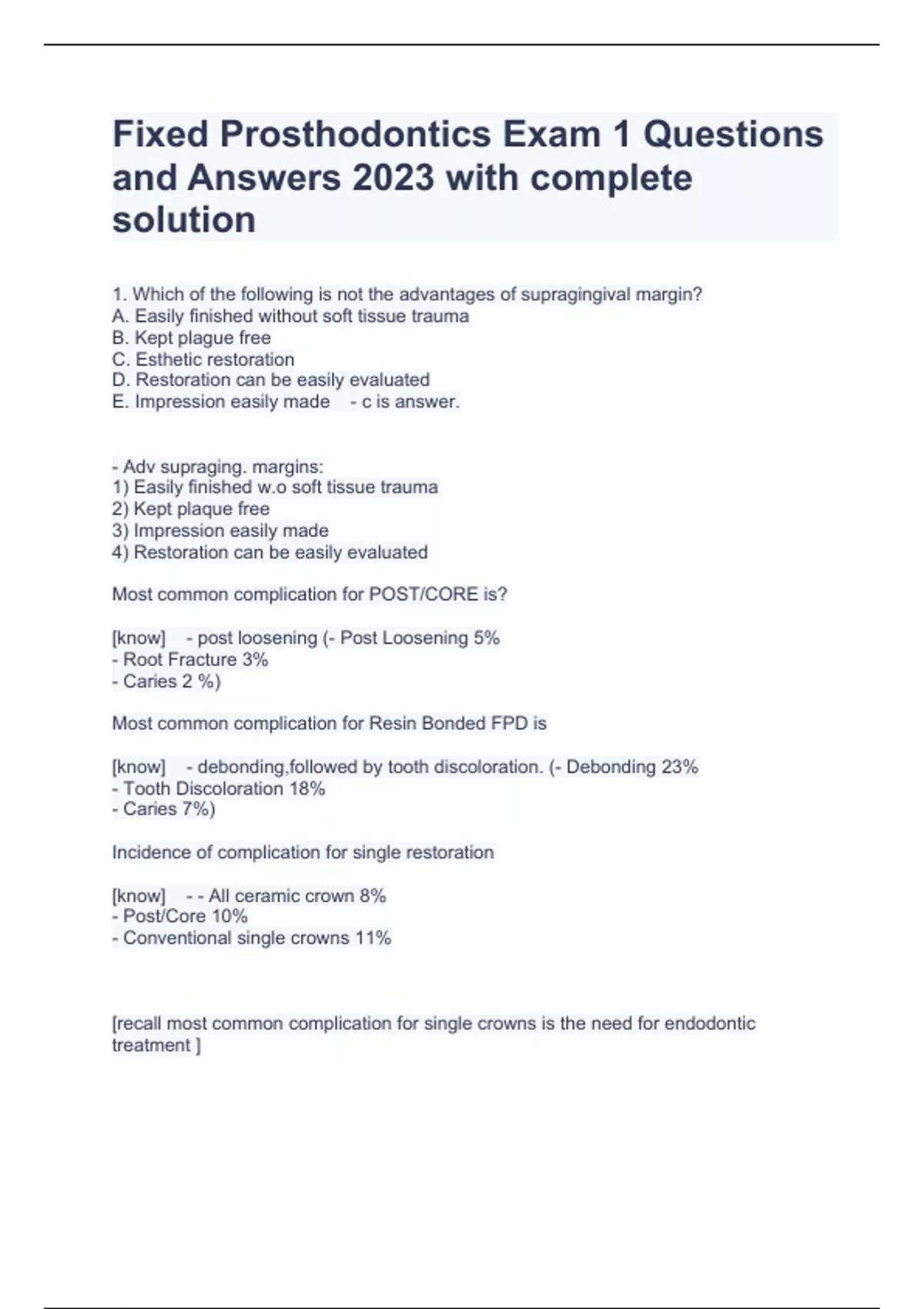 Fixed Prosthodontics Exam 1 Questions and Answers 2023 with complete solution Fixed