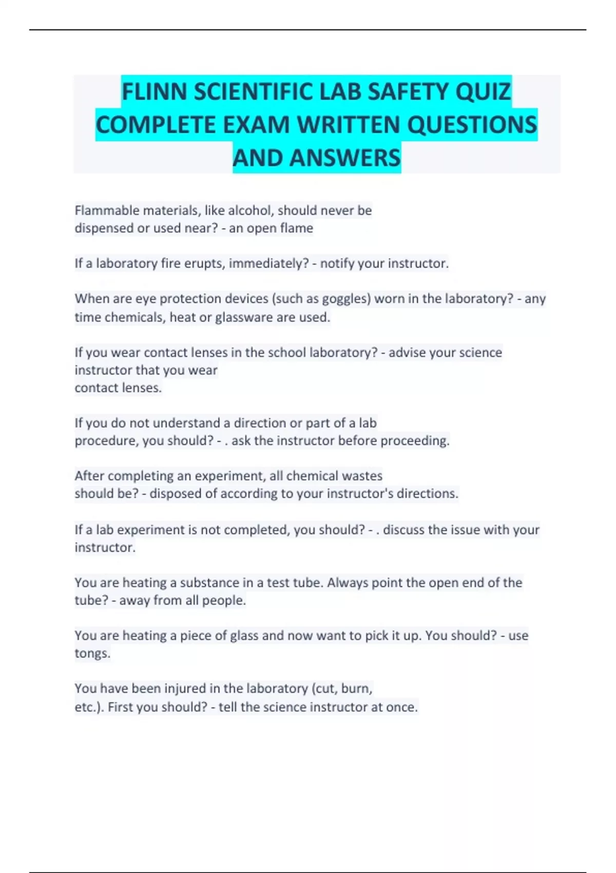 FLINN SCIENTIFIC LAB SAFETY QUIZ COMPLETE EXAM WRITTEN QUESTIONS AND