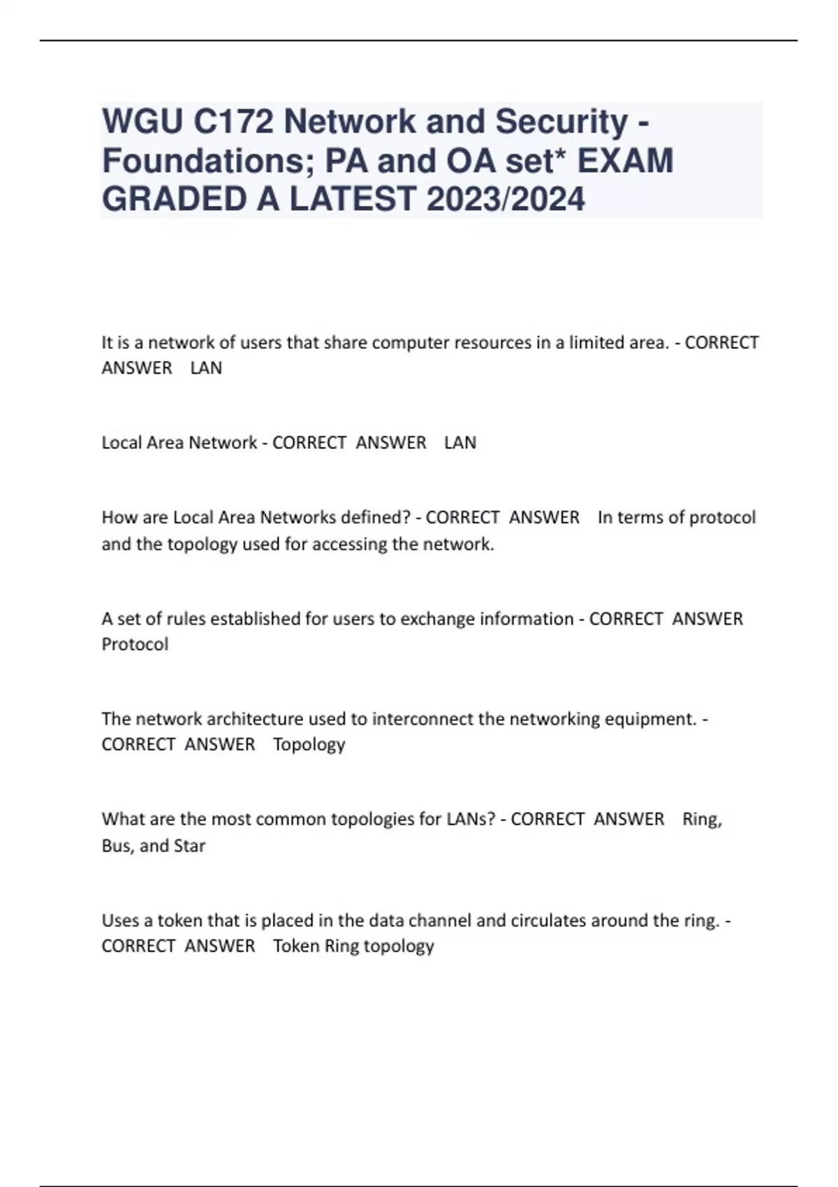 WGU C172 Network And Security - Foundations; PA And OA Set* EXAM GRADED ...