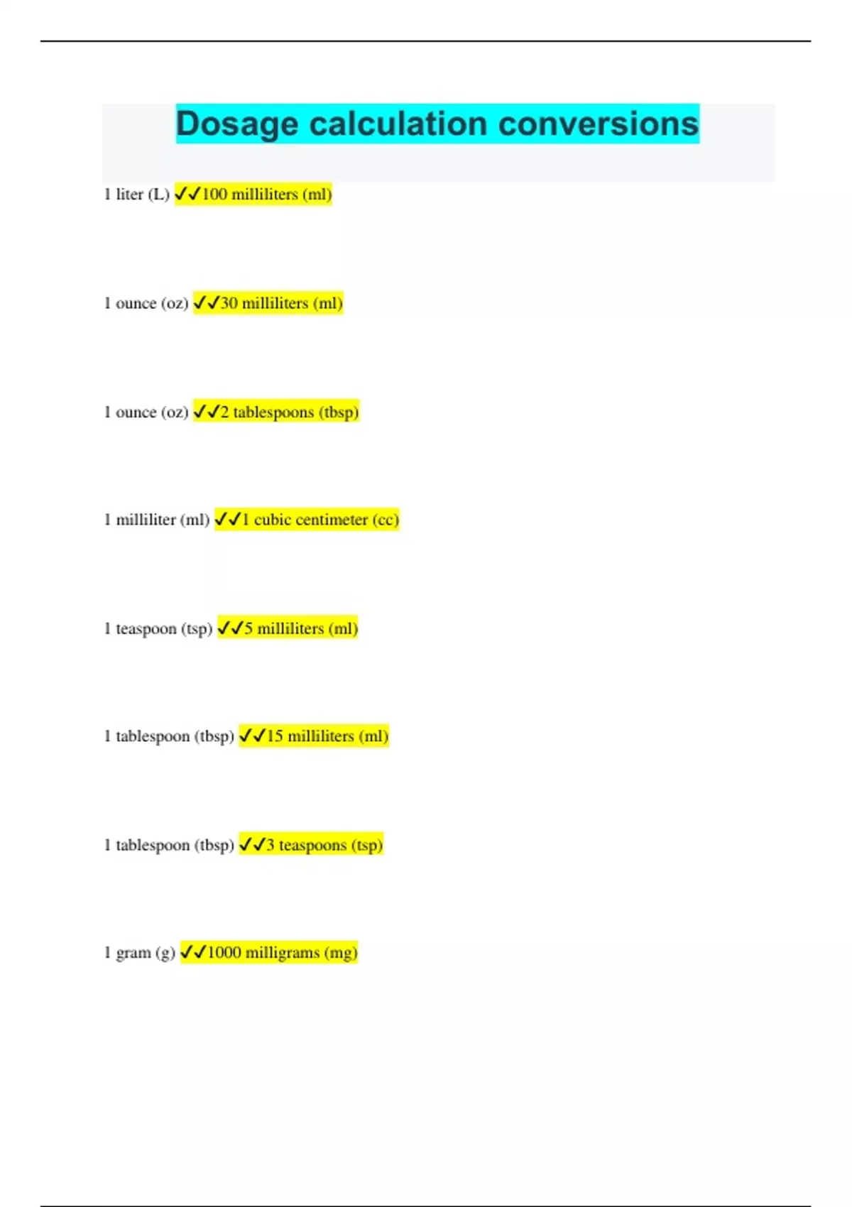 Dosage calculation conversions - Dosage - Stuvia US