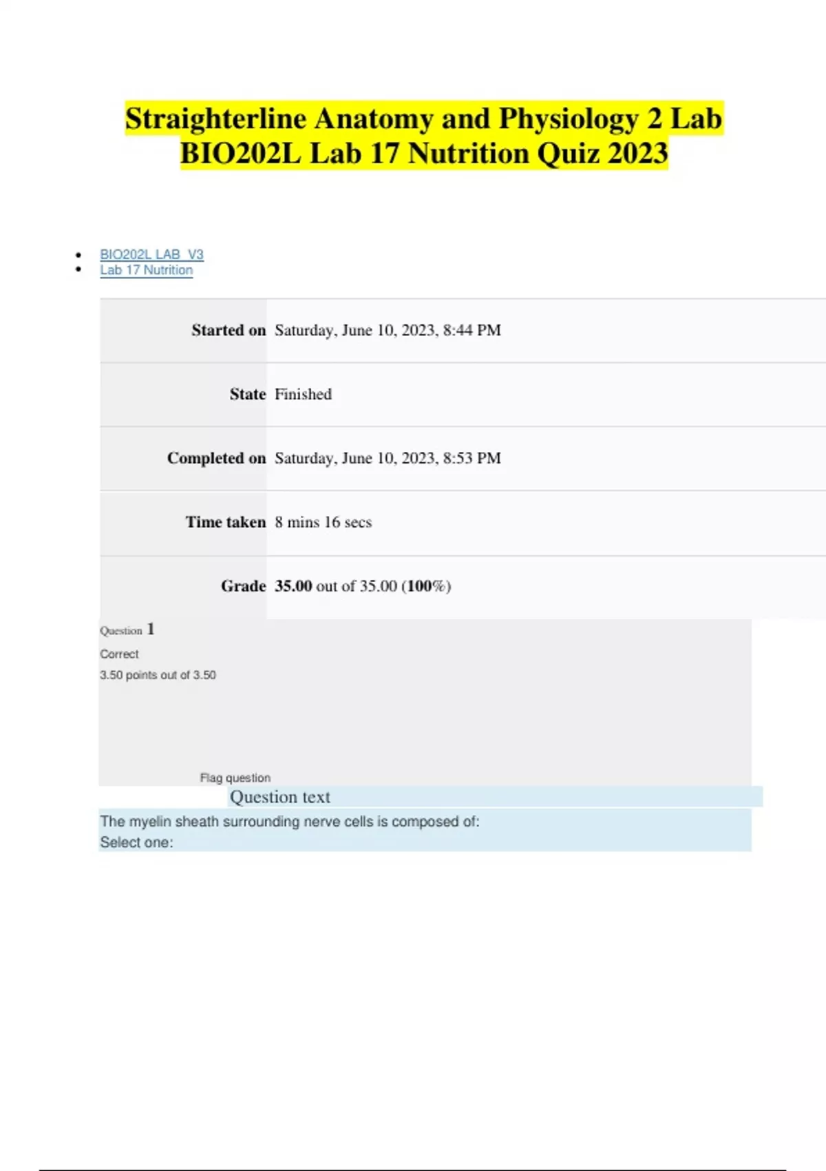 Straighterline Anatomy and Physiology 2 Lab BIO202L Lab 17 Nutrition