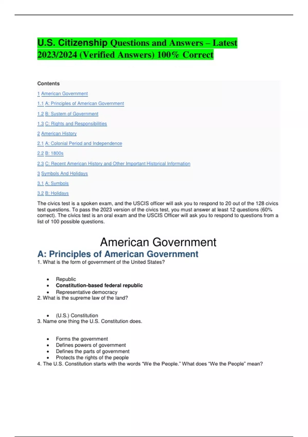 U.S. Citizenship Questions and Answers Latest 2023/2024 (Verified