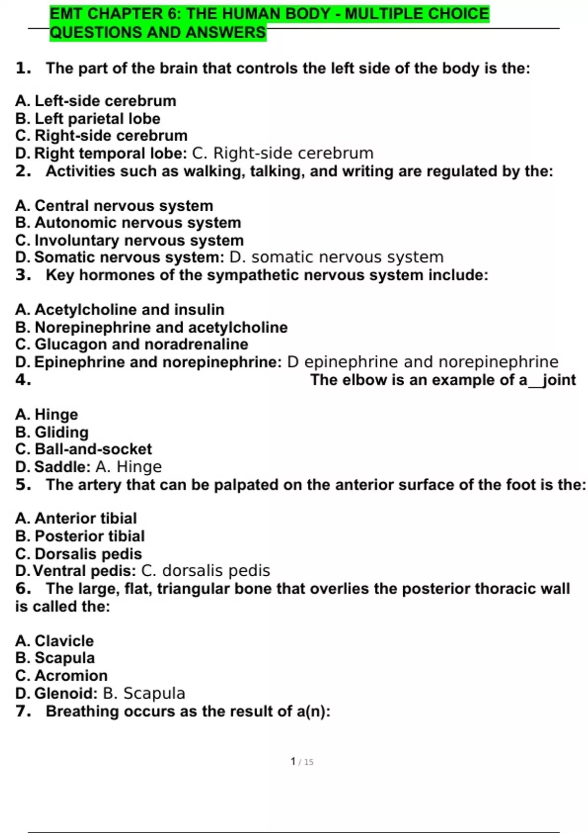 EMT CHAPTER 6 THE HUMAN BODY - MULTIPLE CHOICE QUESTIONS AND ANSWERS ...