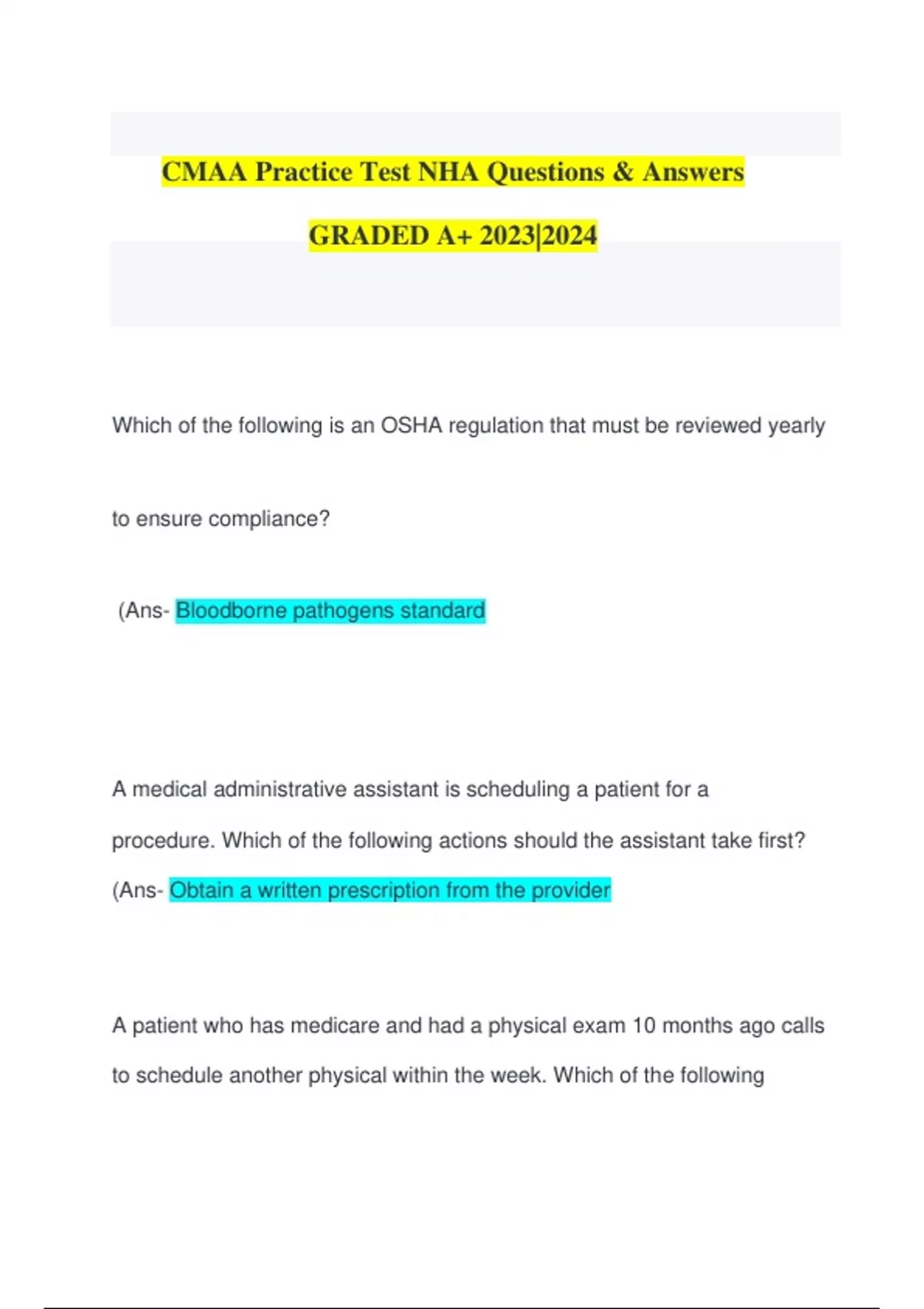 CMAA Practice Test NHA Questions & Answers GRADED A+ 20232024 Stuvia US