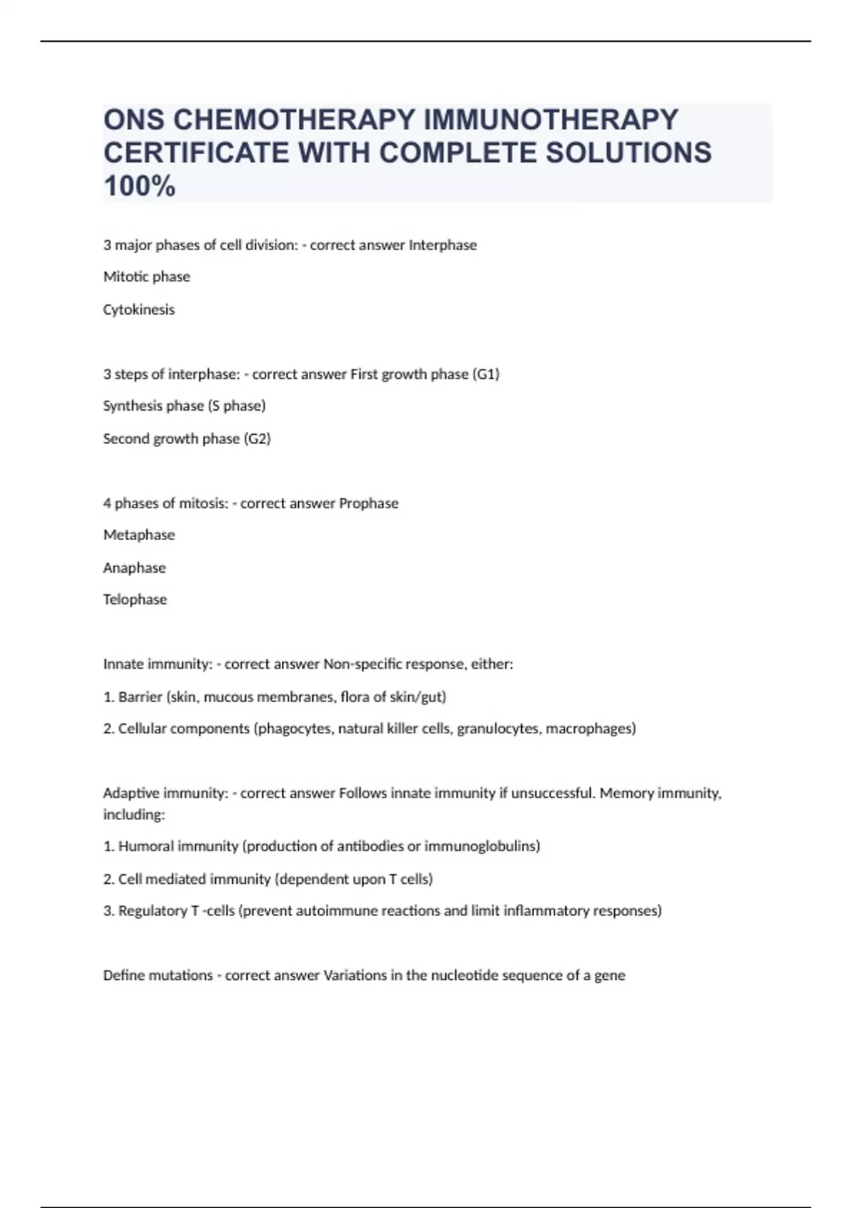 ONS CHEMOTHERAPY IMMUNOTHERAPY CERTIFICATE WITH COMPLETE SOLUTIONS 100% ...