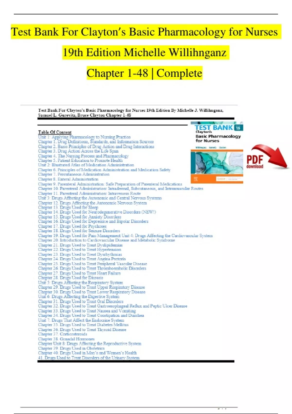 TEST BANK For Clayton’s Basic Pharmacology For Nurses 19th Edition By ...