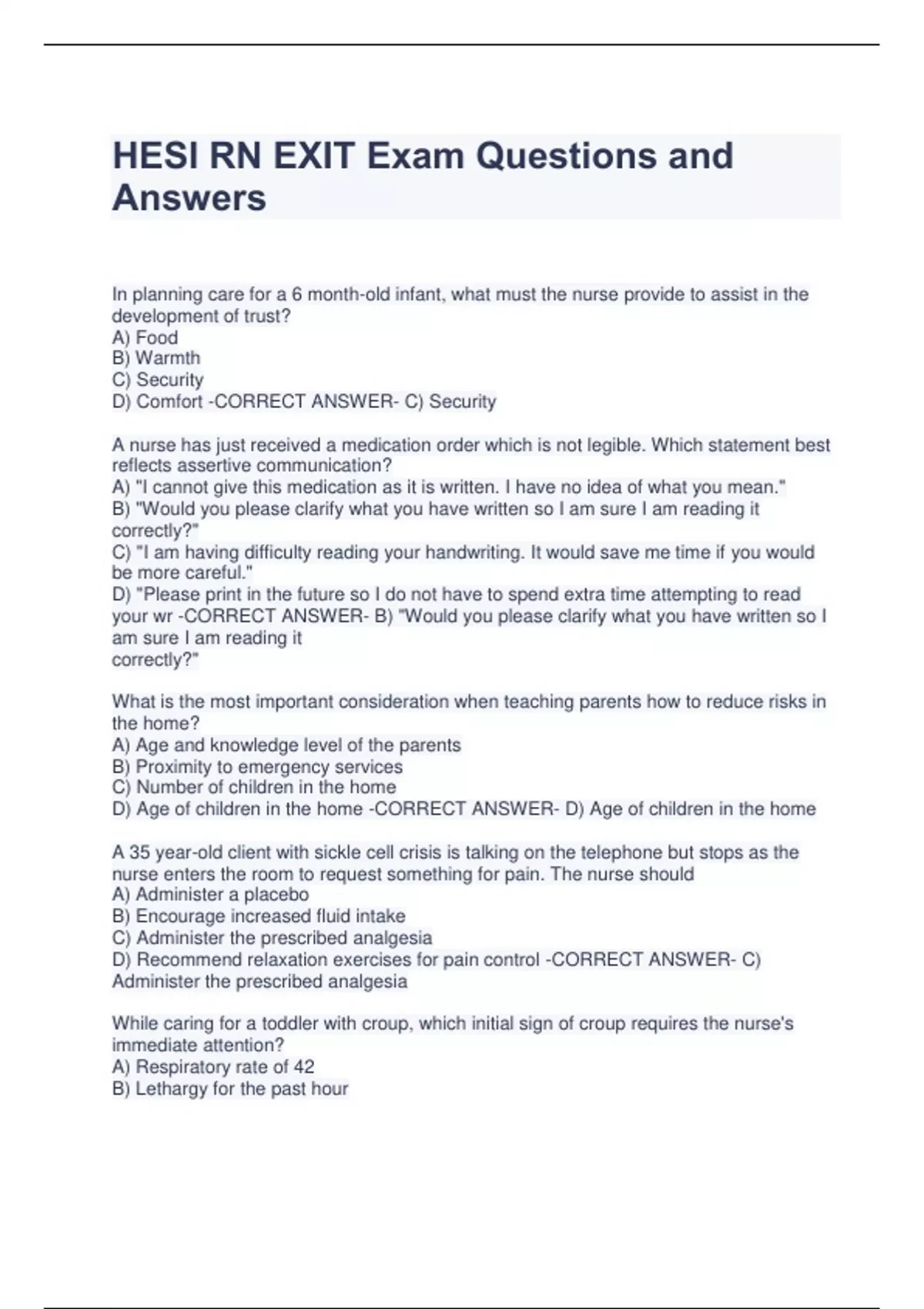 HESI RN EXIT Exam Questions and Answers Stuvia UK