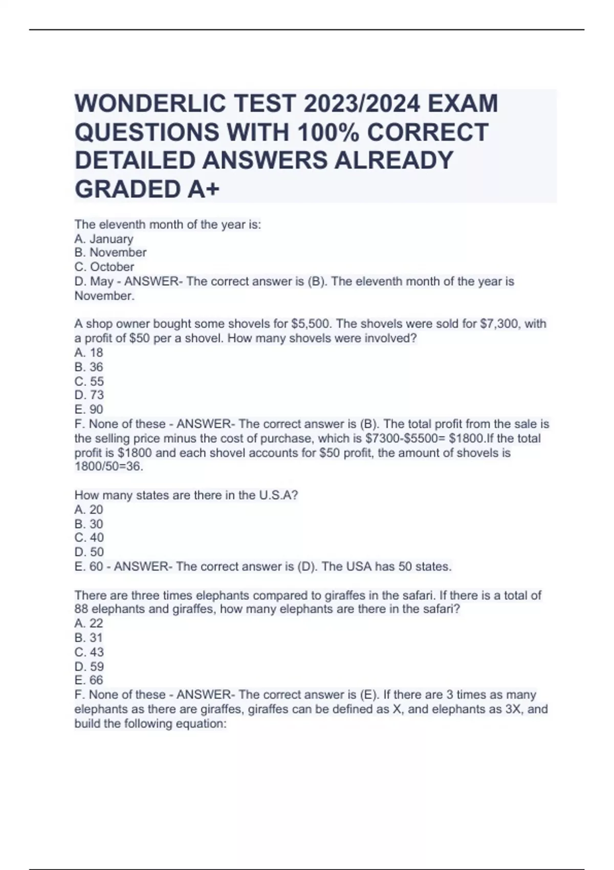 WONDERLIC TEST 2023/2024 EXAM QUESTIONS WITH 100 CORRECT DETAILED