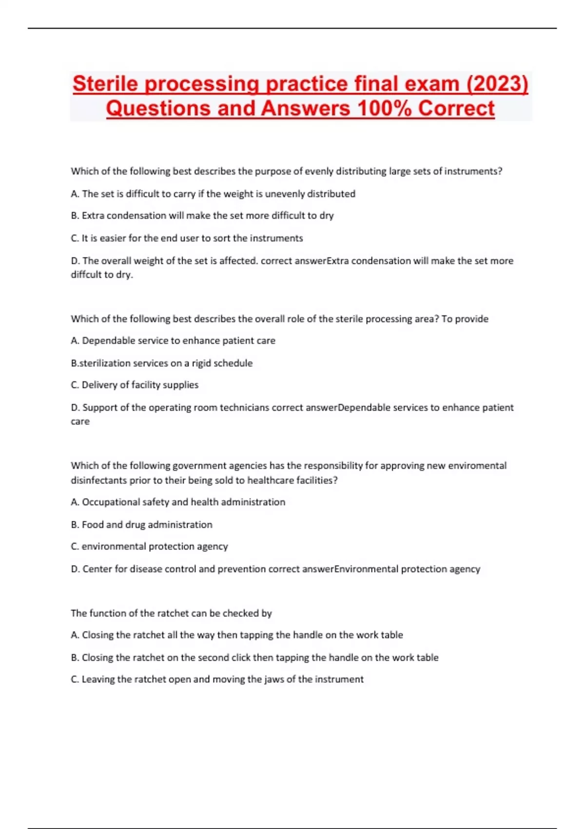 Sterile Processing Practice Final Exam (2023) Questions And Answers 100 ...