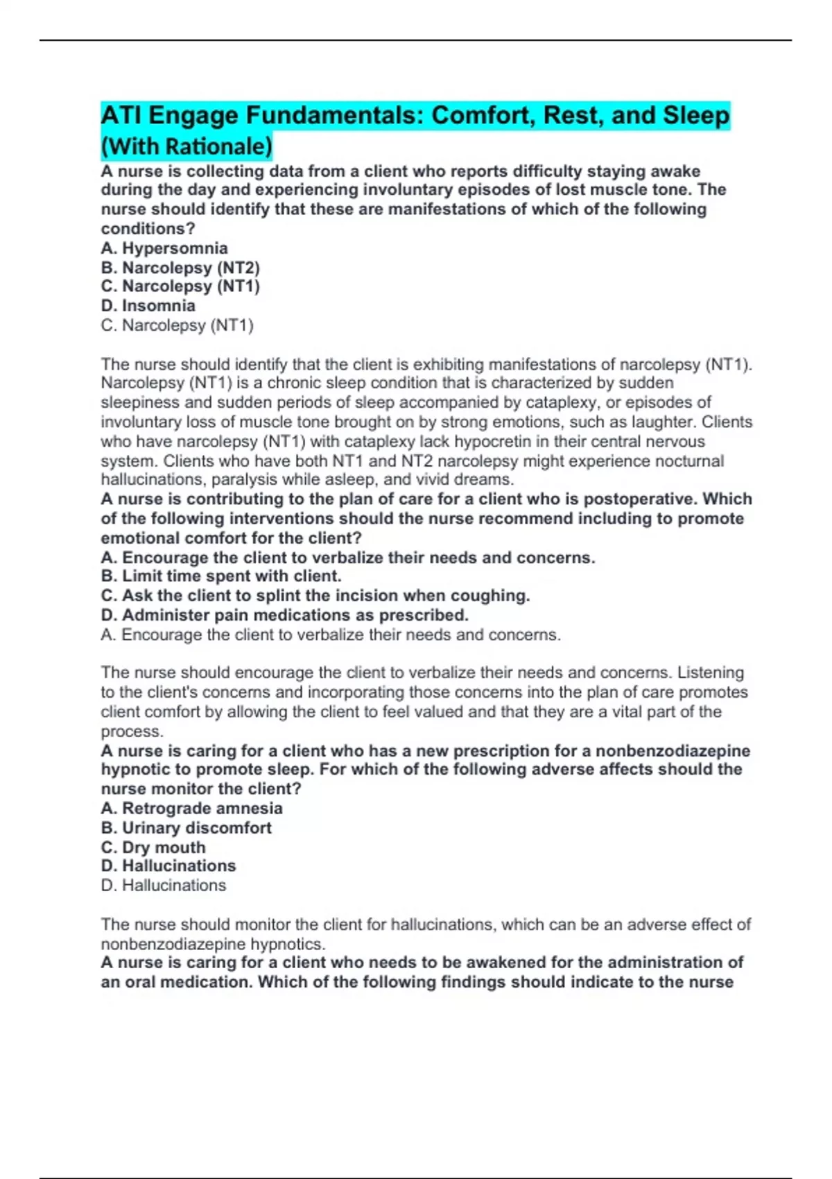 ATI Engage Fundamentals Comfort, Rest, and Sleep (With Rationale