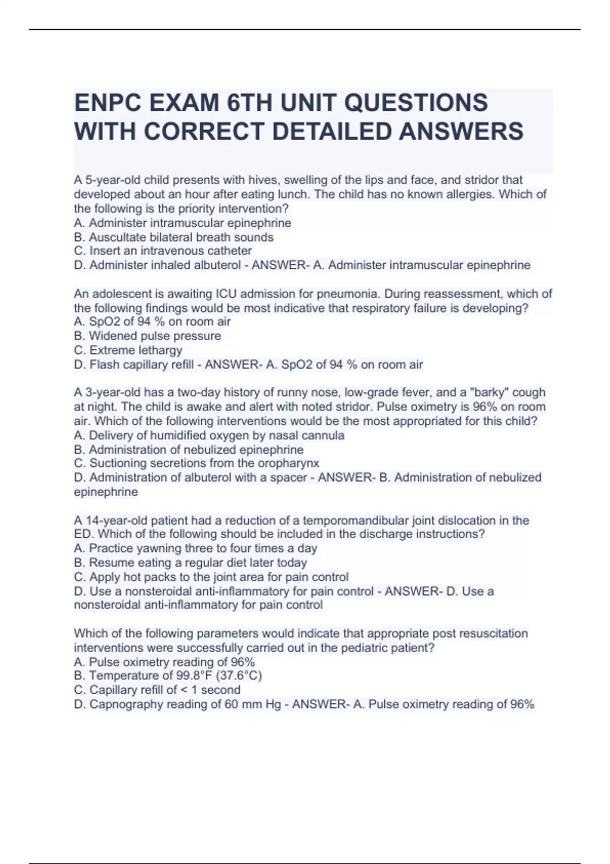 ENPC EXAM 6TH UNIT QUESTIONS WITH CORRECT DETAILED ANSWERS - ENPC - Stuvia  US