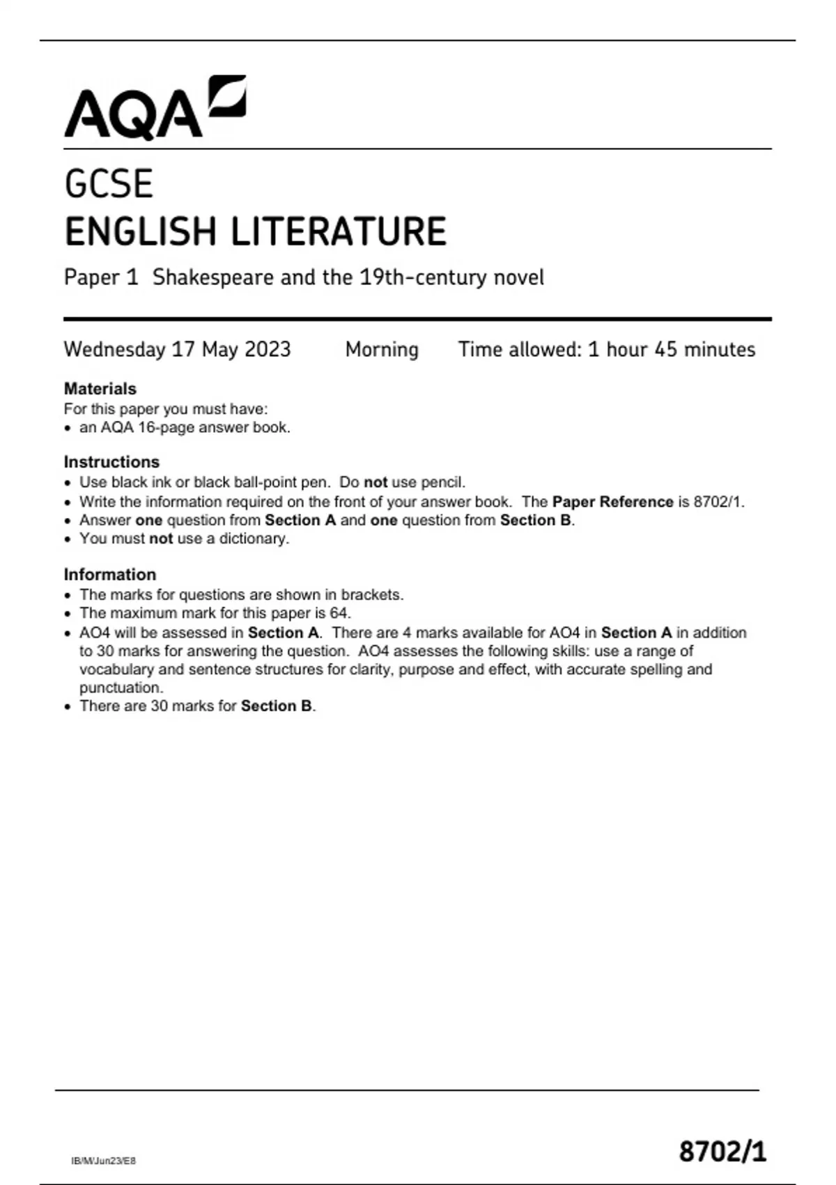 AQA GCSE ENGLISH LITERATURE PAPER 1 QUESTION PAPER 2023 (8702/1 ...