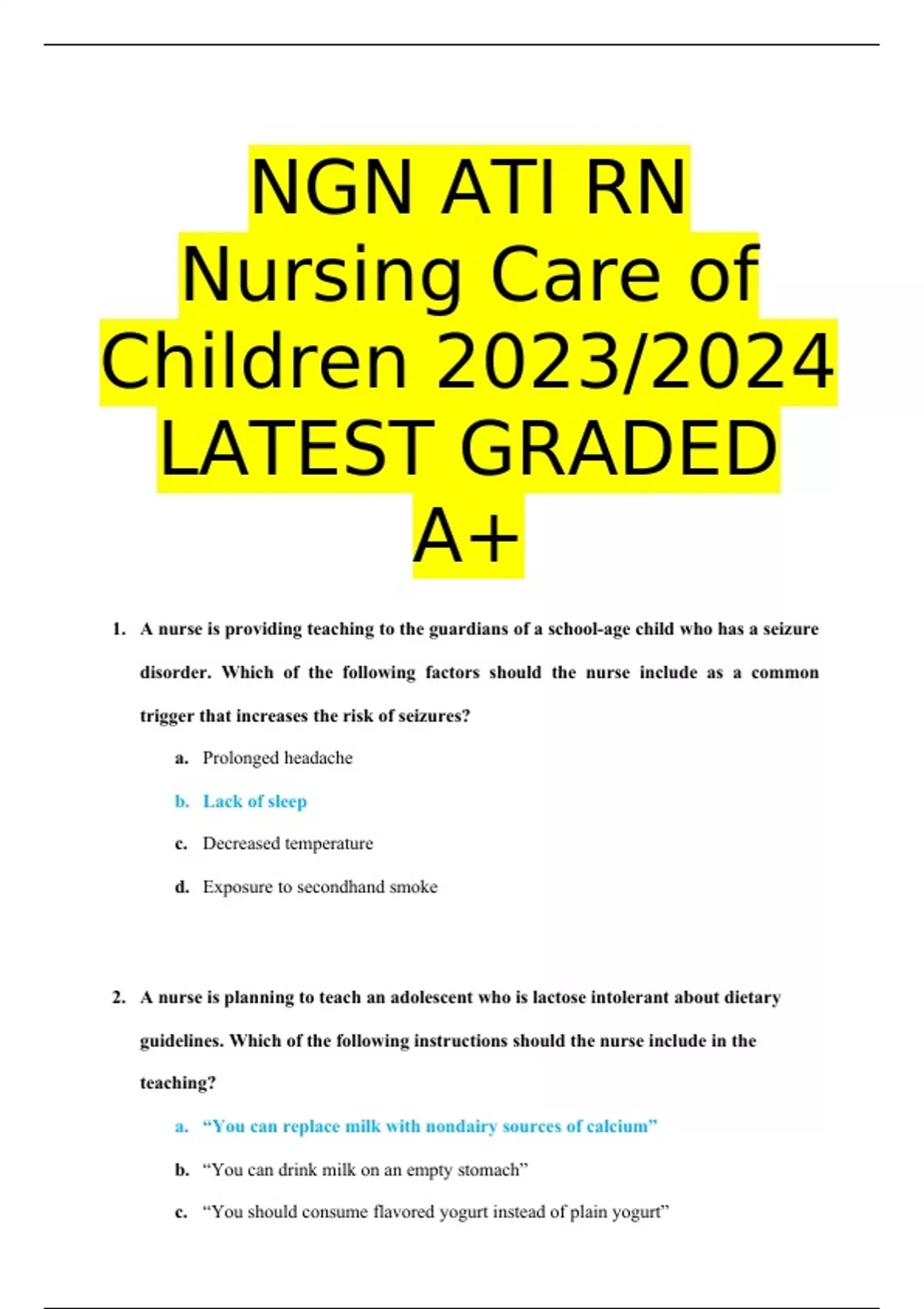 NGN ATI RN Nursing Care of Children 2023/2024 LATEST GRADED A+ NGN