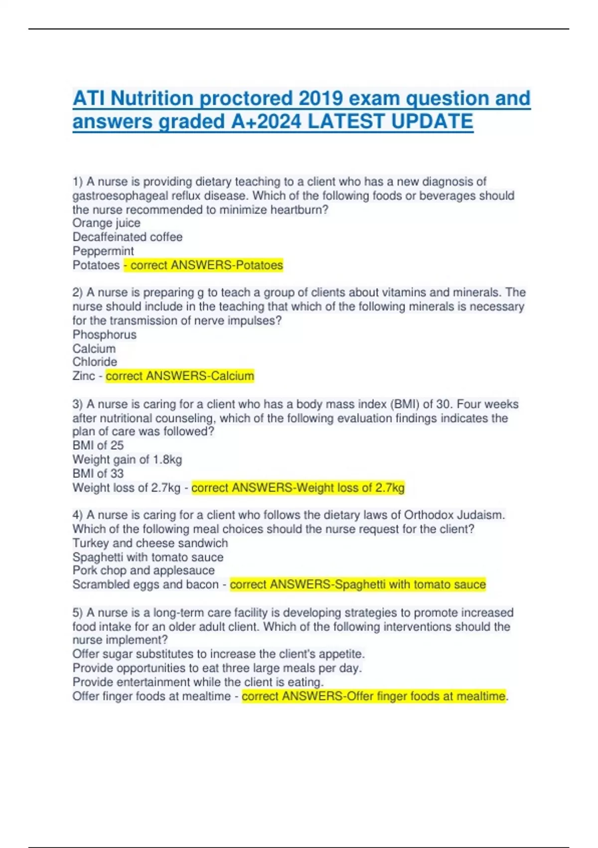 ATI Nutrition proctored 2019 exam question and answers graded A+2024