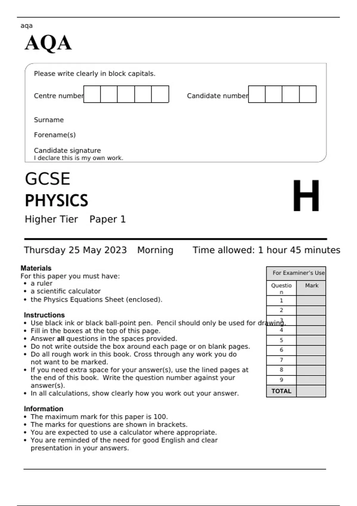 Aqa Gcse Physics Higher Tier Paper 1 June 2023 Question Paper Gcse Physics Stuvia Us 7904