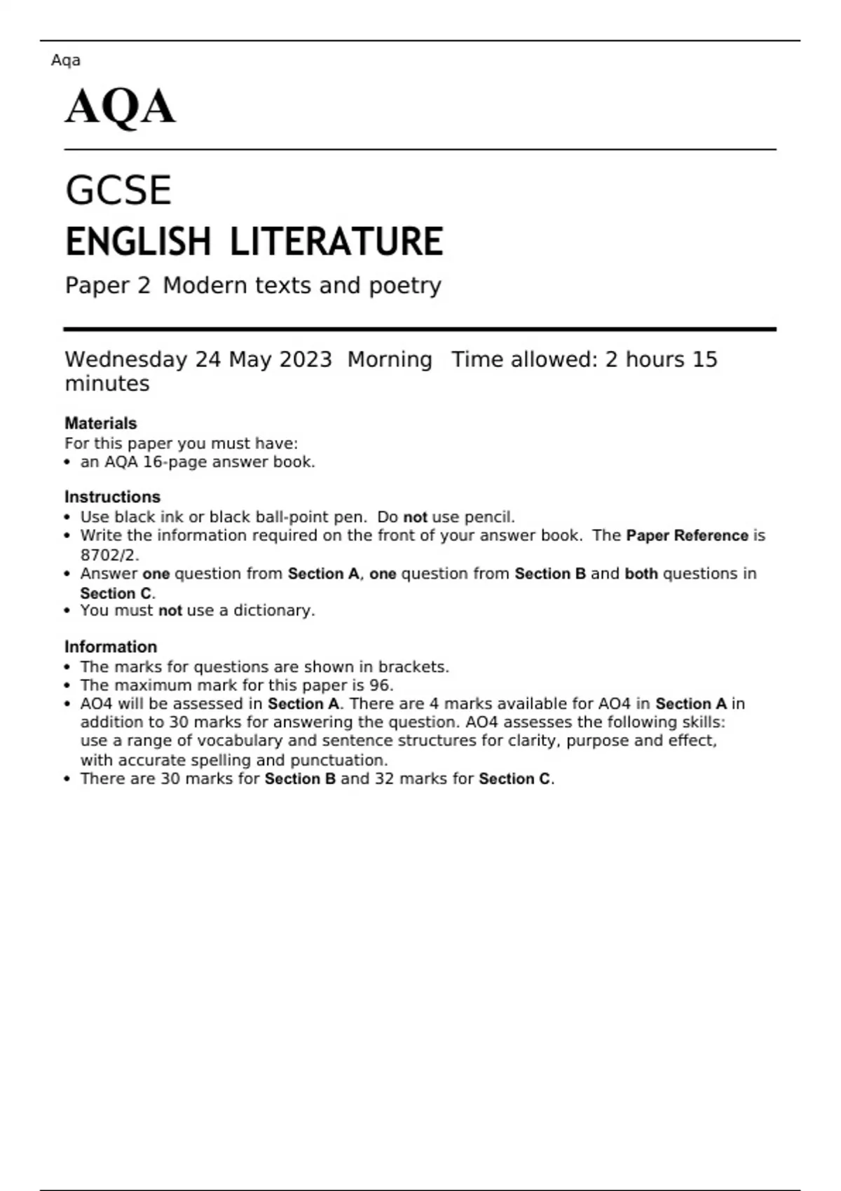 AQA GCSE ENGLISH LITERATURE Paper 1 and 2 JUNE 2023 QUESTION PAPERS AND ...