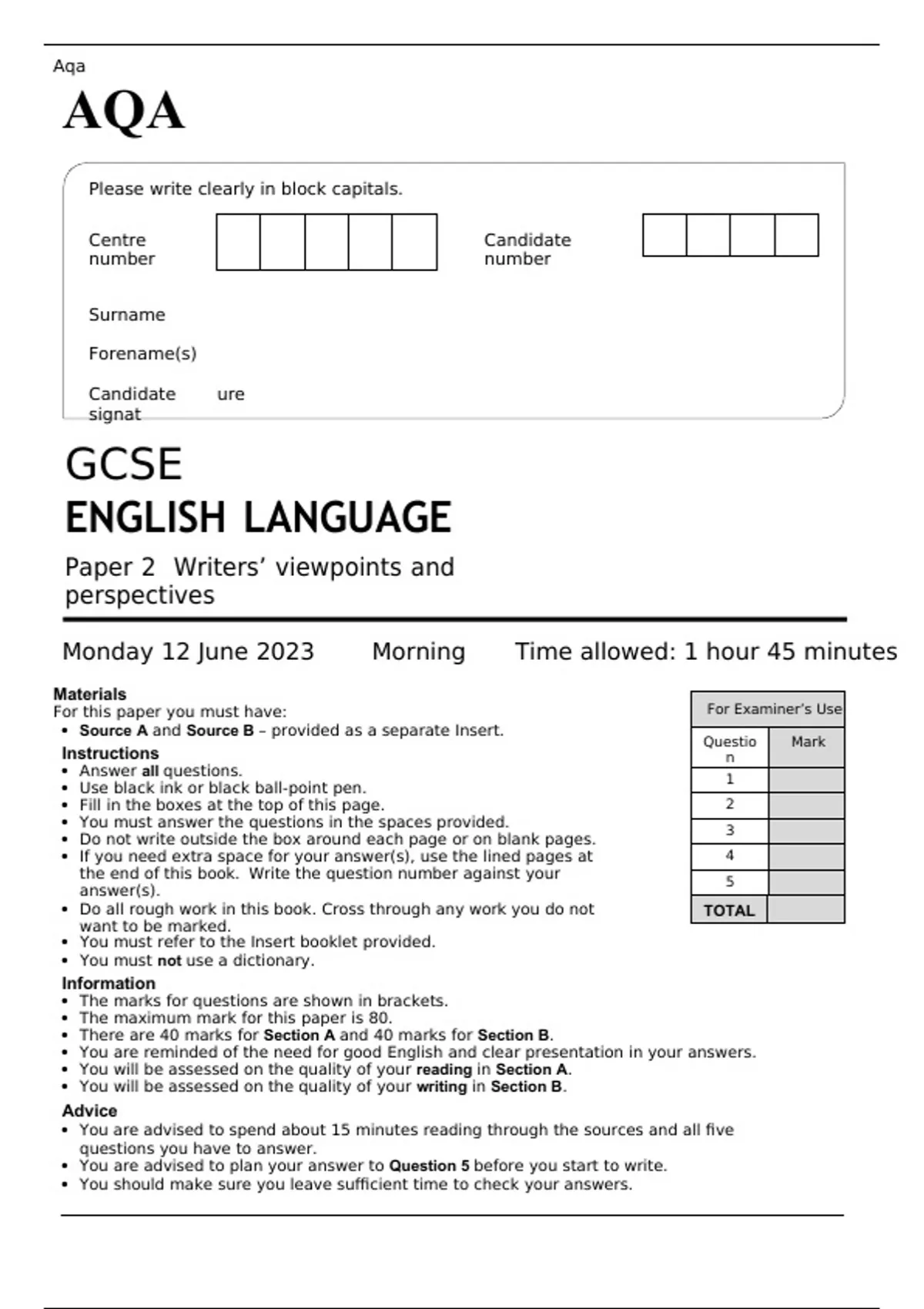 AQA GCSE ENGLISH LANGUAGE Paper 1 And 2 JUNE 2023 QUESTION PAPERS AND 