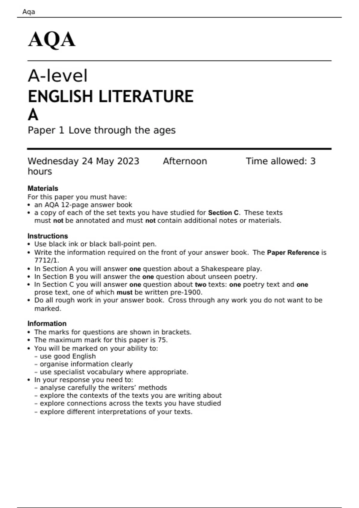 AQA A-level ENGLISH LITERATURE A Paper 1 JUNE 2023 QUESTION PAPER: Love ...